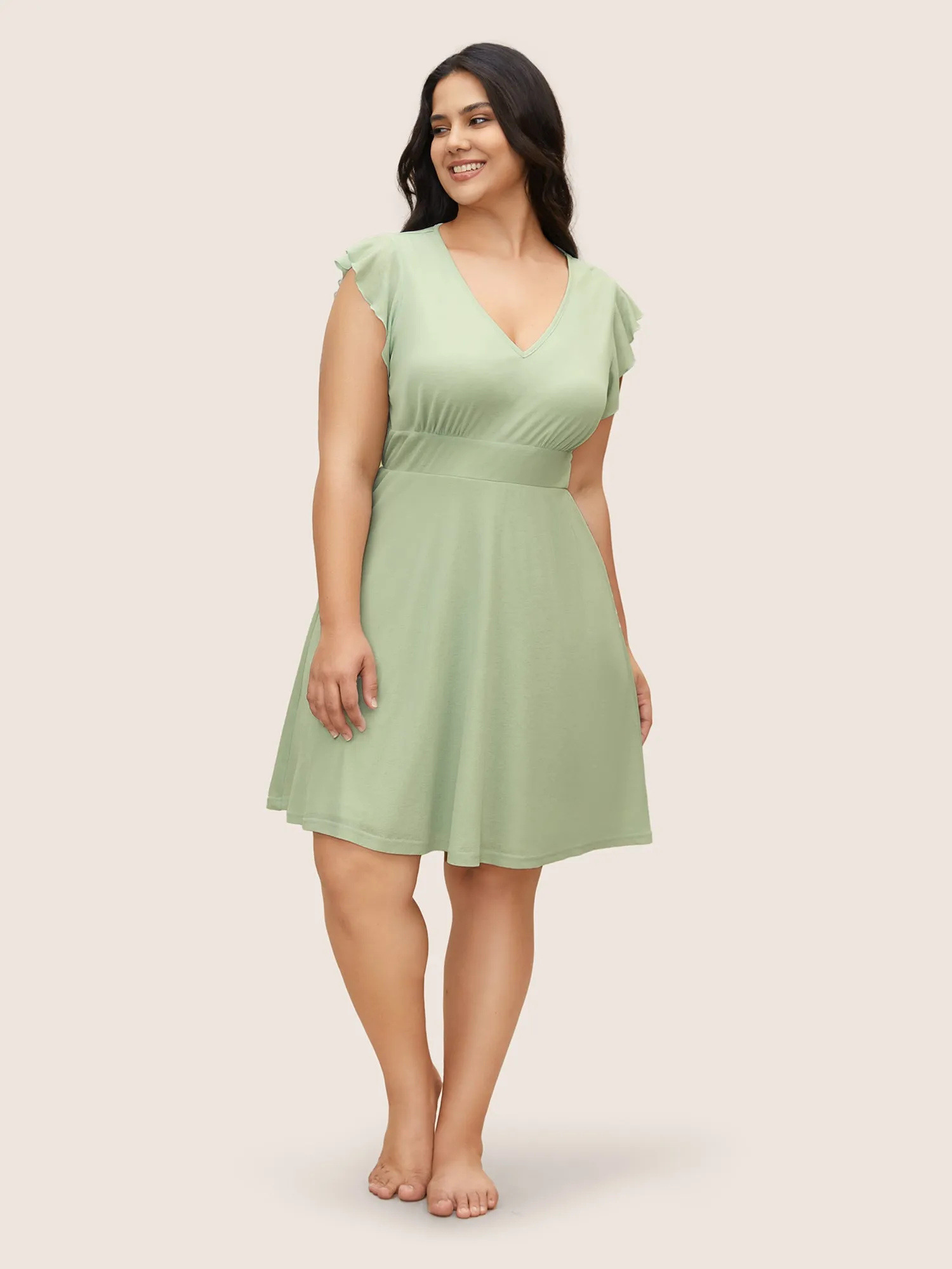 V Neck Solid Ruffle Trim Gathered Sleep Dress sold by Bloomchic product image thumbnail 3