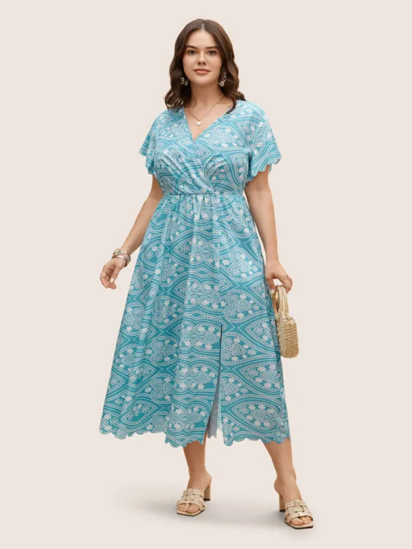 Boho Print Scalloped Trim Split Front Dress sold by Bloomchic