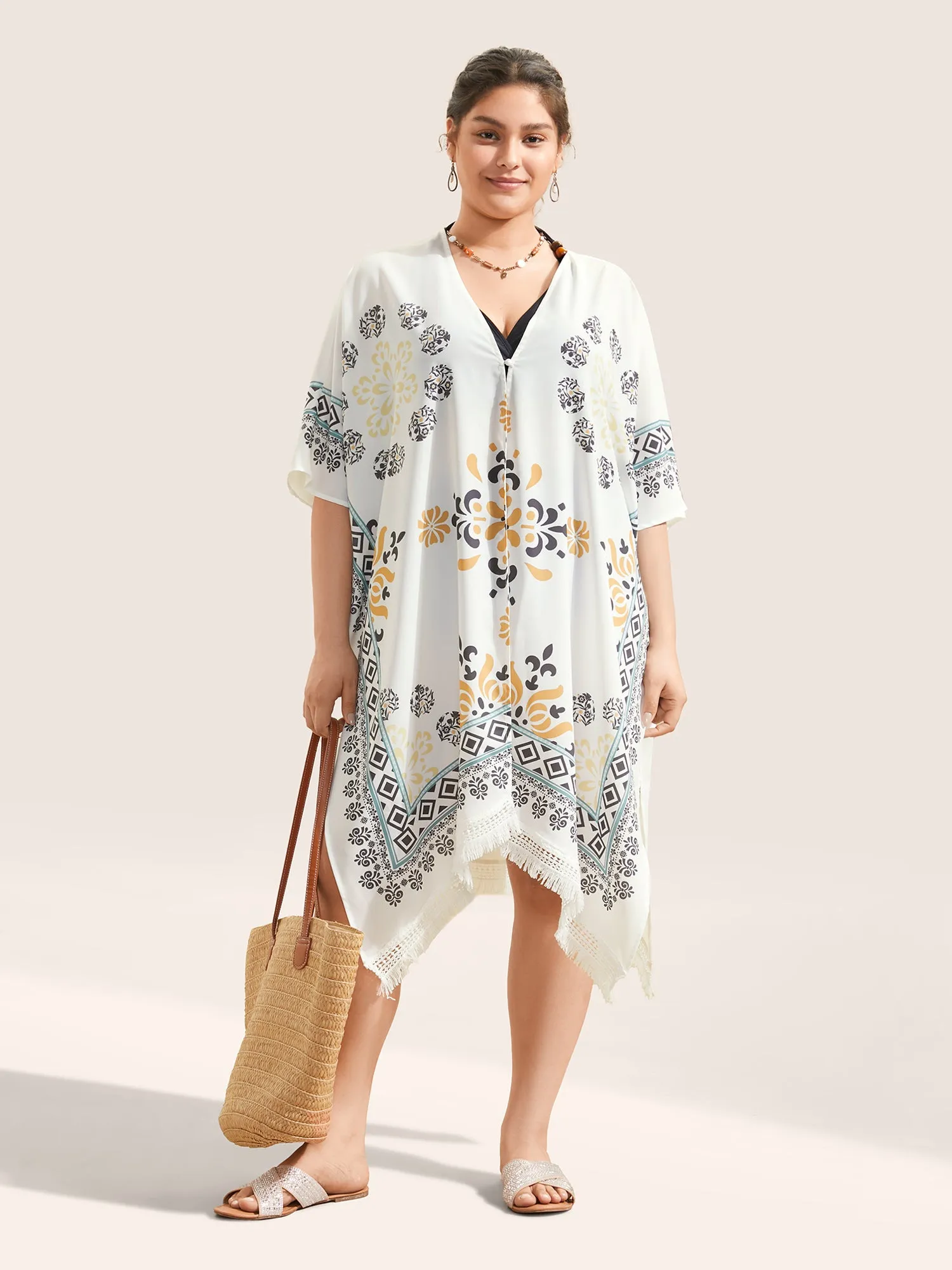 Boho Print Lace Panel Raglan Sleeve Fringe Hem Kimono sold by Bloomchic