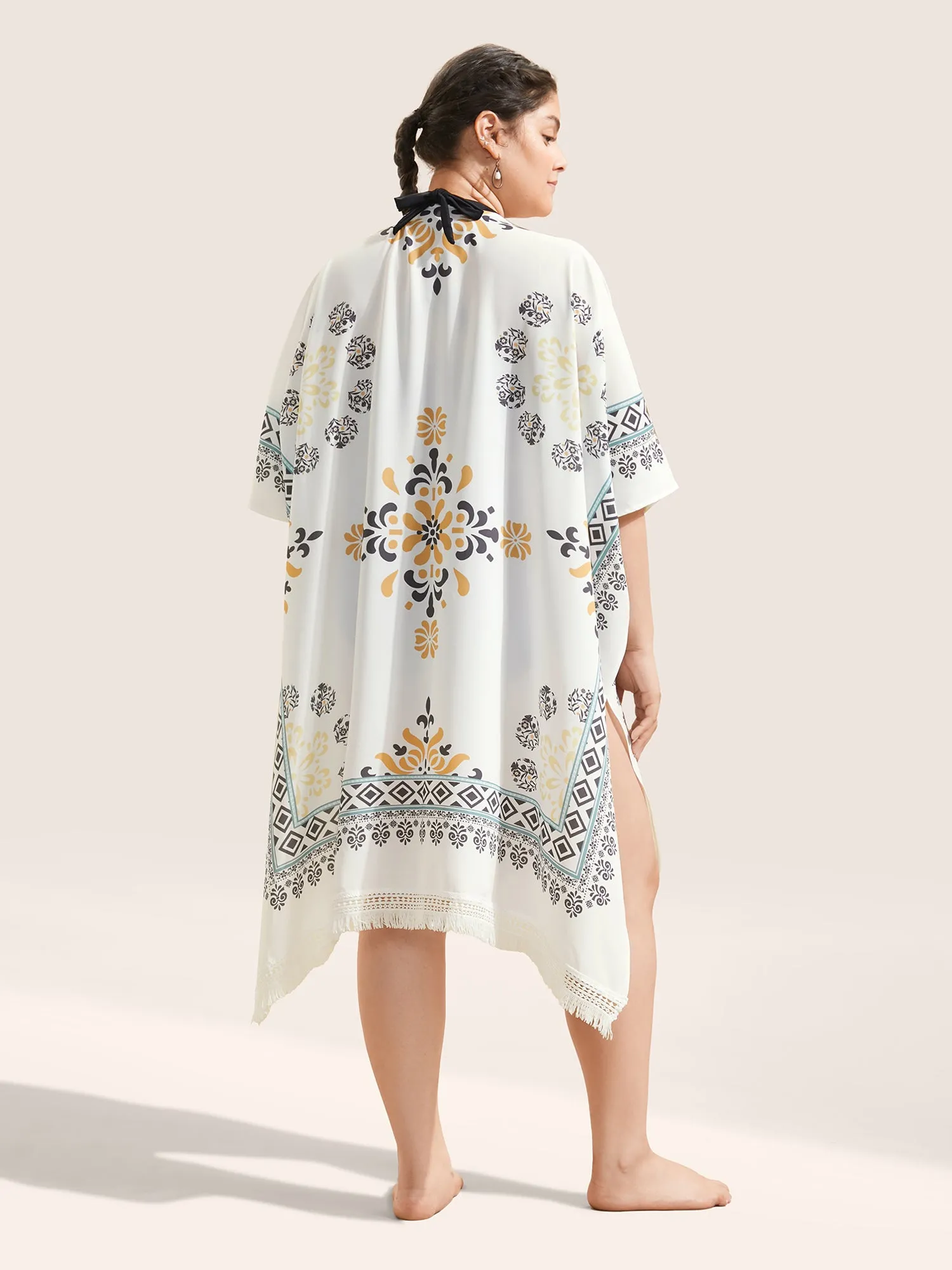 Boho Print Lace Panel Raglan Sleeve Fringe Hem Kimono sold by Bloomchic product image thumbnail 4