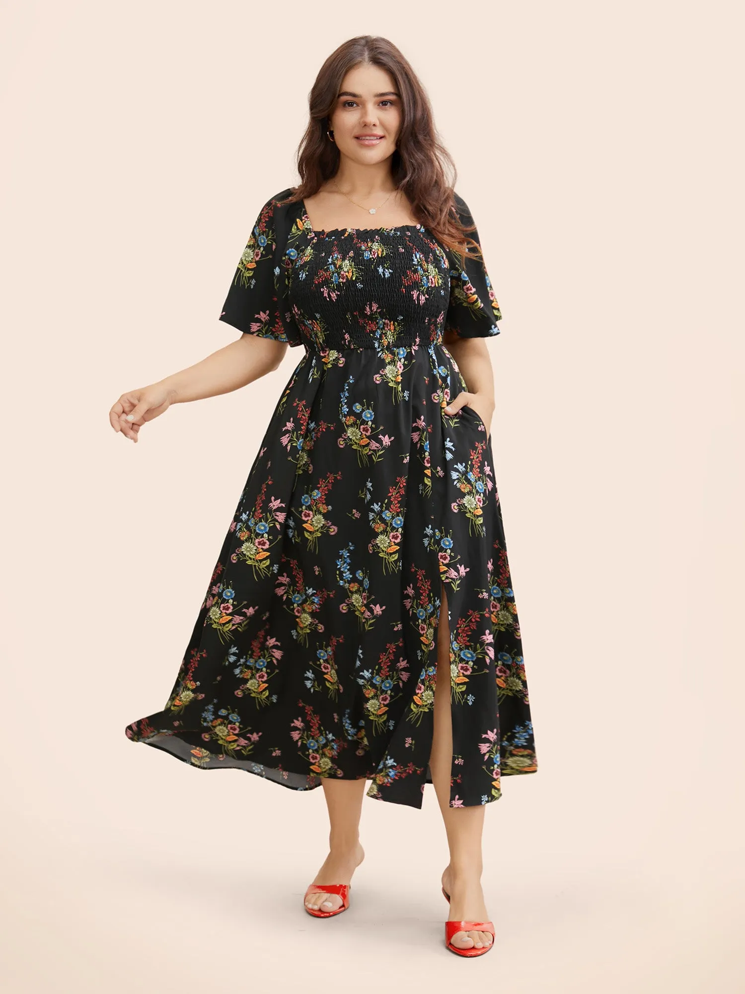 Ditsy Floral Shirred Split Hem Dress sold by Bloomchic