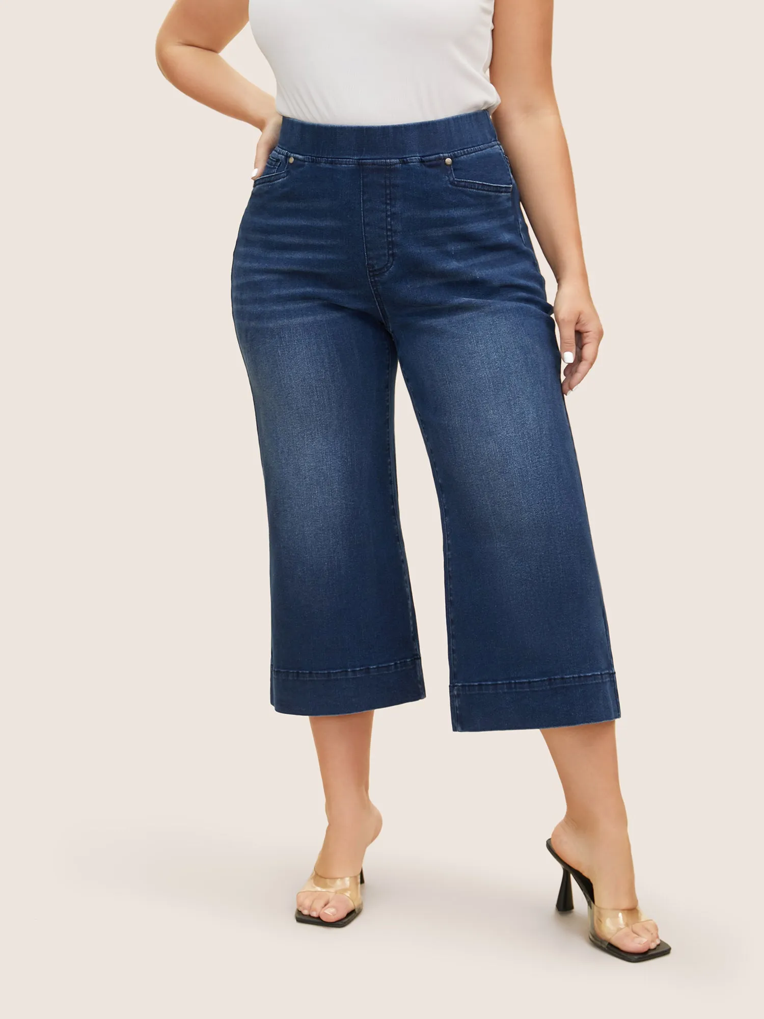 Dark Wash Elastic Waist Wide Leg Cropped Jeans sold by Bloomchic