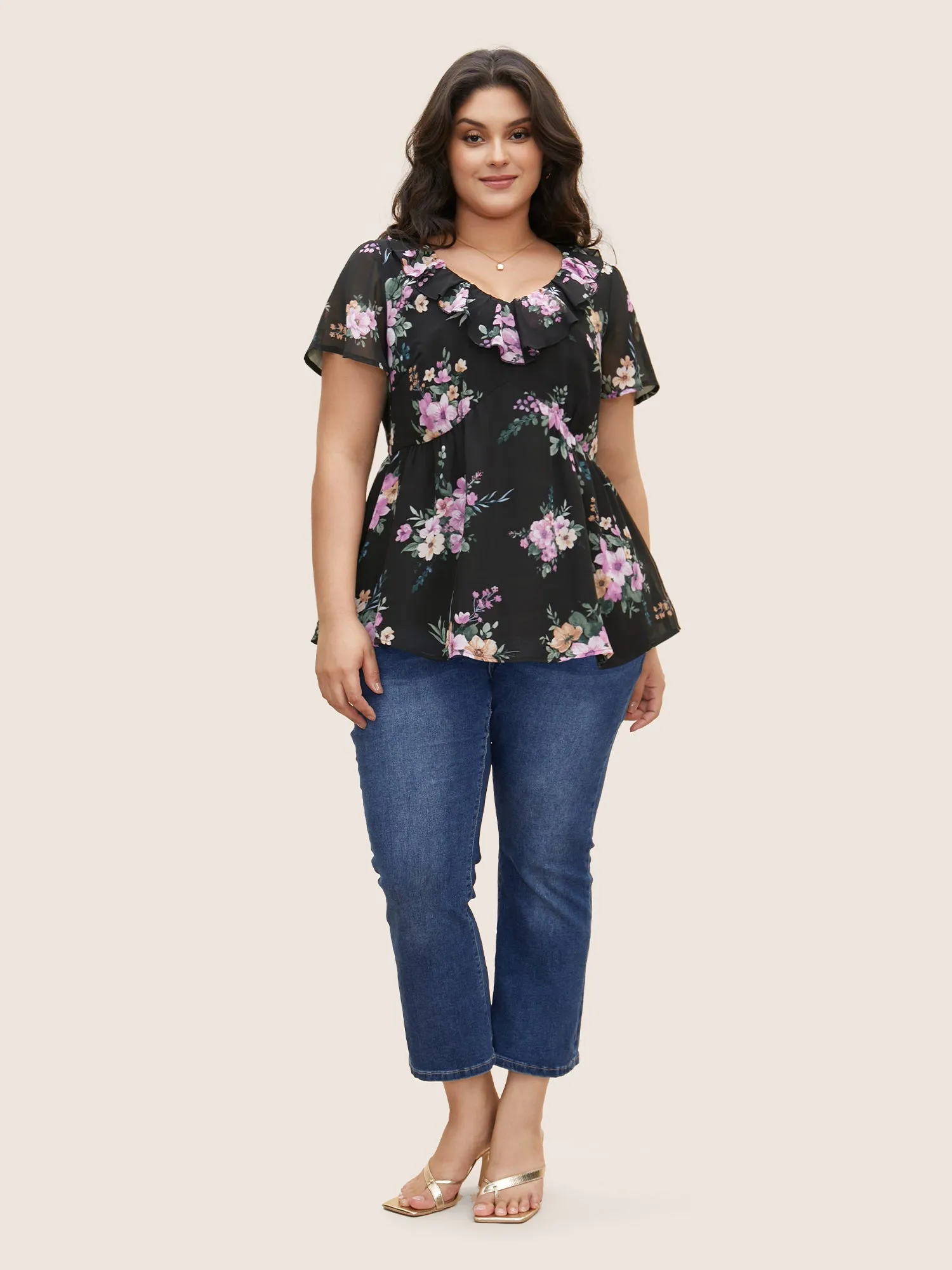 V Neck Floral Chiffon Ruffle Trim Blouse sold by Bloomchic product image thumbnail 3