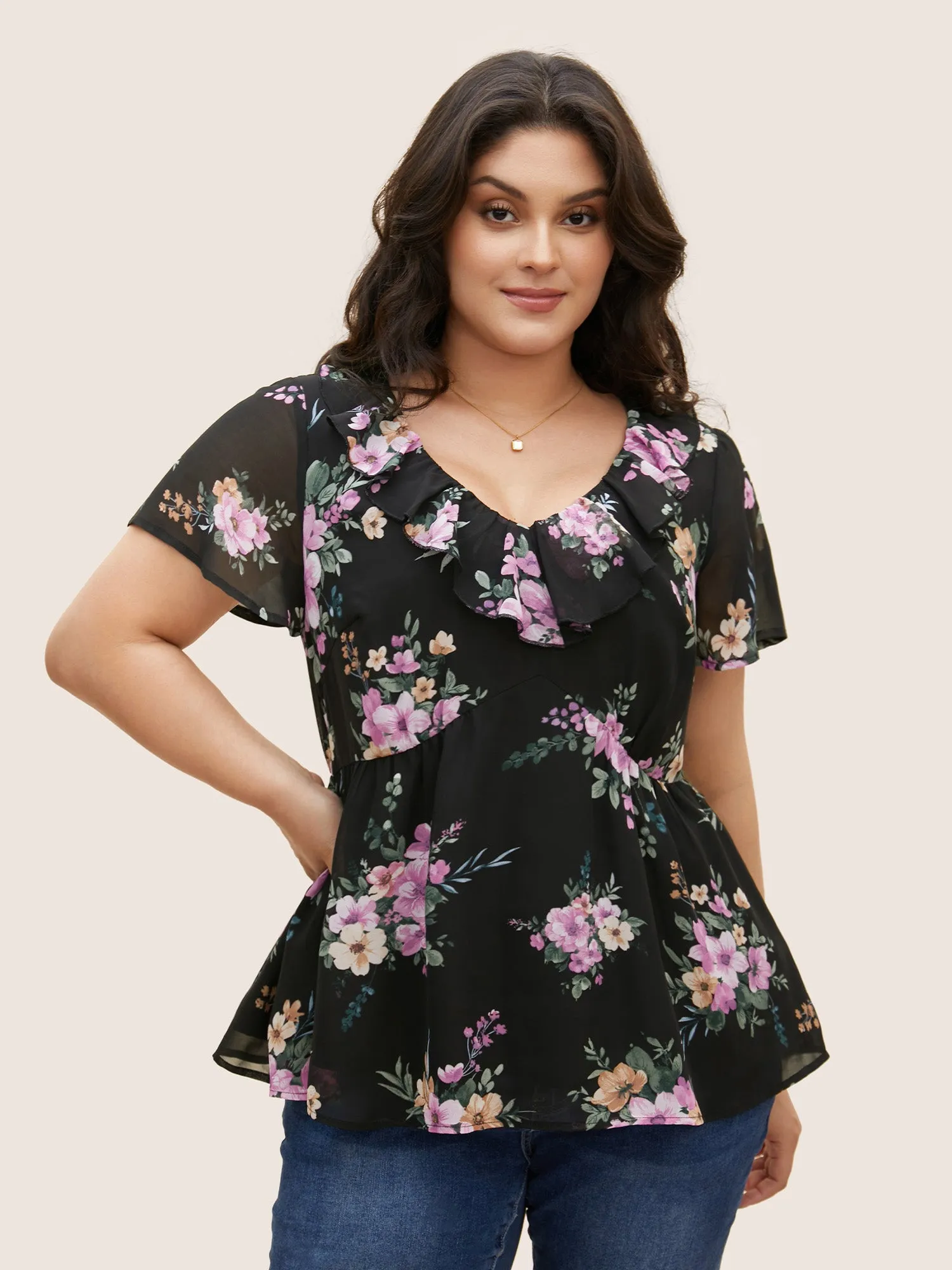 V Neck Floral Chiffon Ruffle Trim Blouse sold by Bloomchic product image thumbnail 2