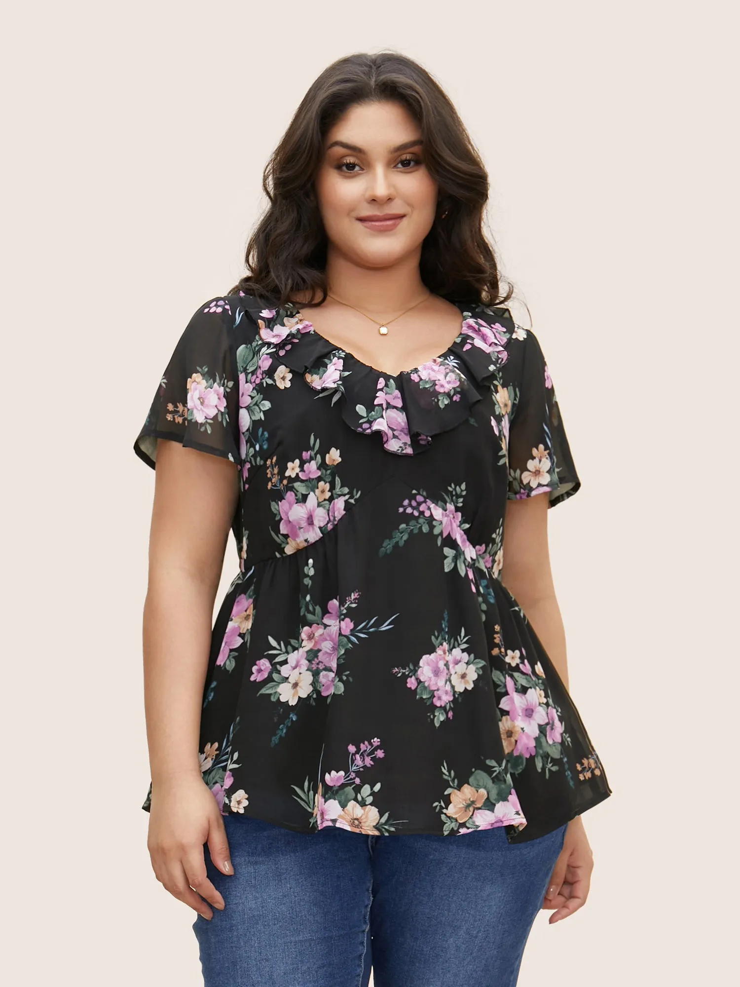V Neck Floral Chiffon Ruffle Trim Blouse sold by Bloomchic
