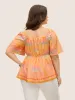 Ombre Coconut Tree Heart Neckline Ruffle Sleeve Blouse sold by Bloomchic