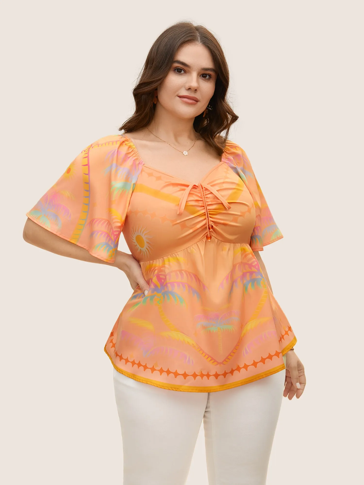 Ombre Coconut Tree Heart Neckline Ruffle Sleeve Blouse sold by Bloomchic