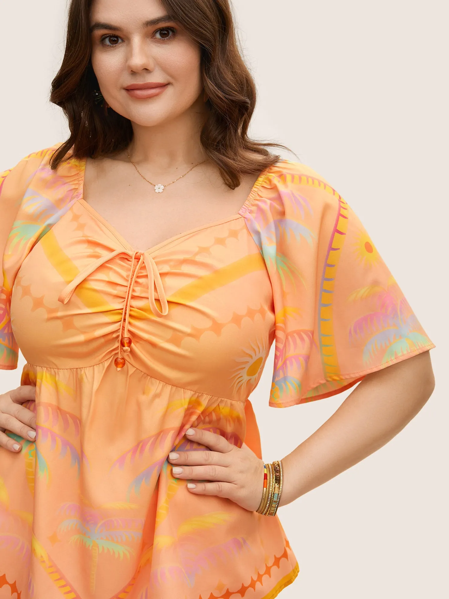 Ombre Coconut Tree Heart Neckline Ruffle Sleeve Blouse sold by Bloomchic product image thumbnail 3