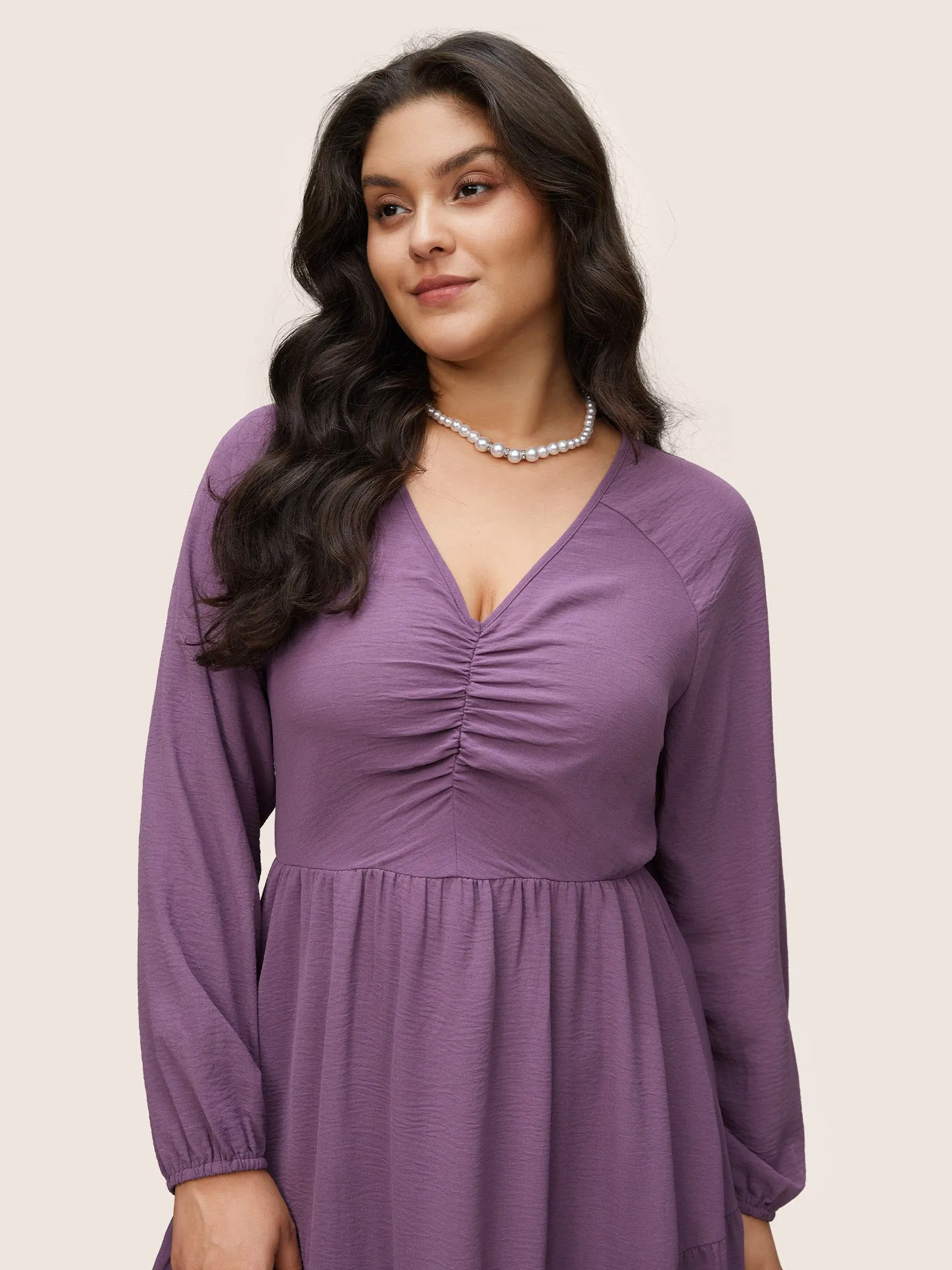 Solid Ruched Raglan Sleeve Layered Hem Dress sold by Bloomchic product image thumbnail 4