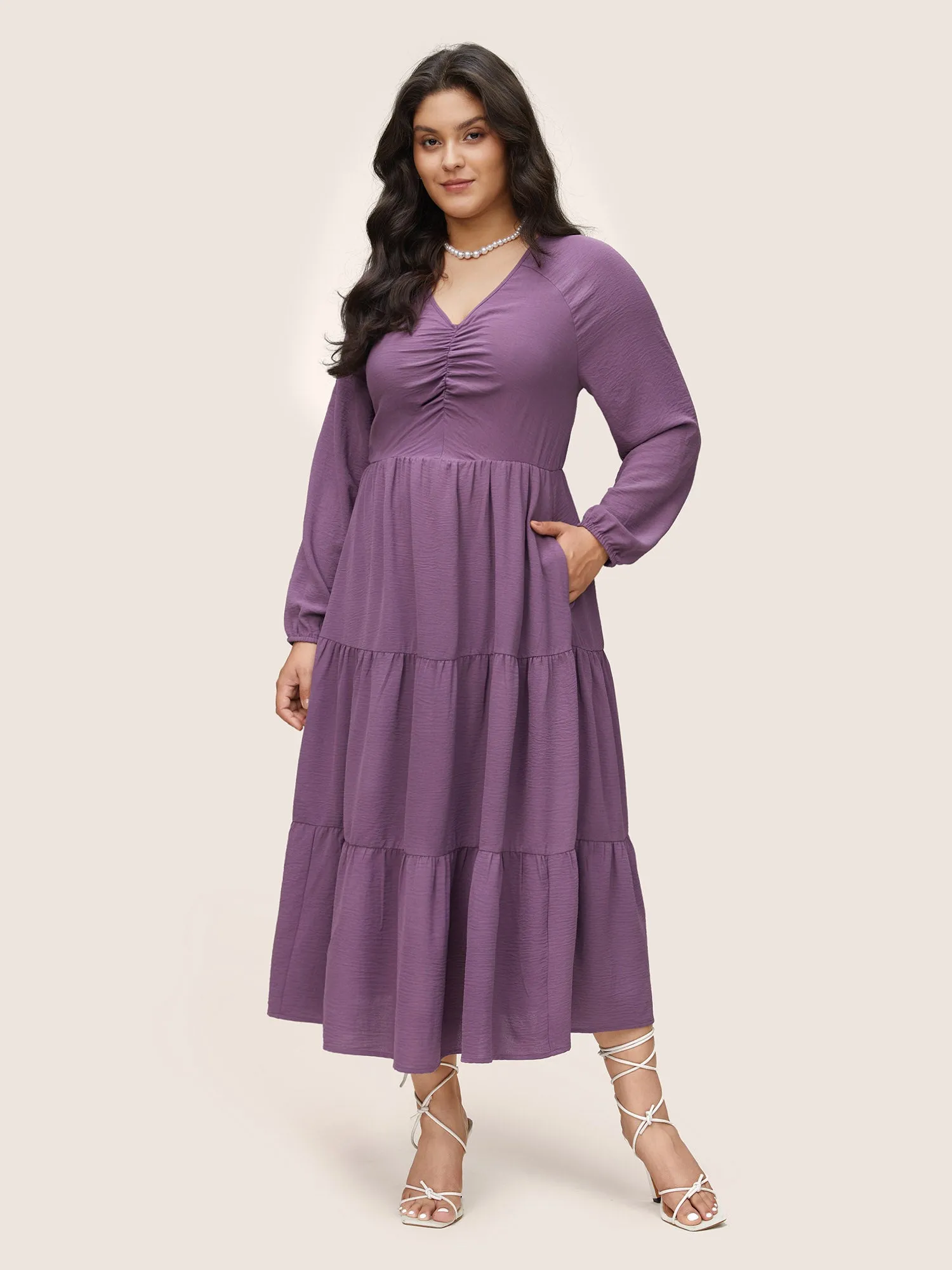 Solid Ruched Raglan Sleeve Layered Hem Dress sold by Bloomchic product image thumbnail 2