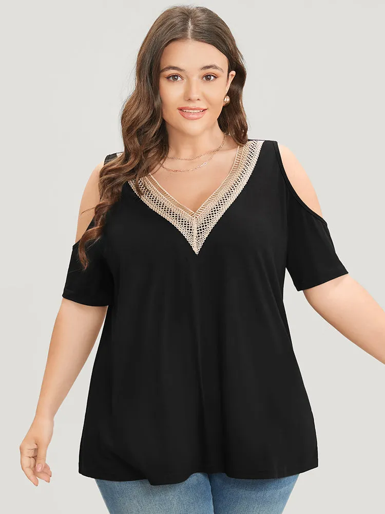 Plain Cold Shoulder Contrast Lace T-shirt sold by Bloomchic product image thumbnail 3