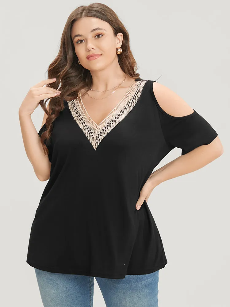 Plain Cold Shoulder Contrast Lace T-shirt sold by Bloomchic product image thumbnail 2