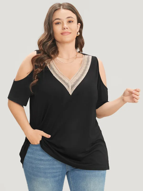 Plain Cold Shoulder Contrast Lace T-shirt sold by Bloomchic