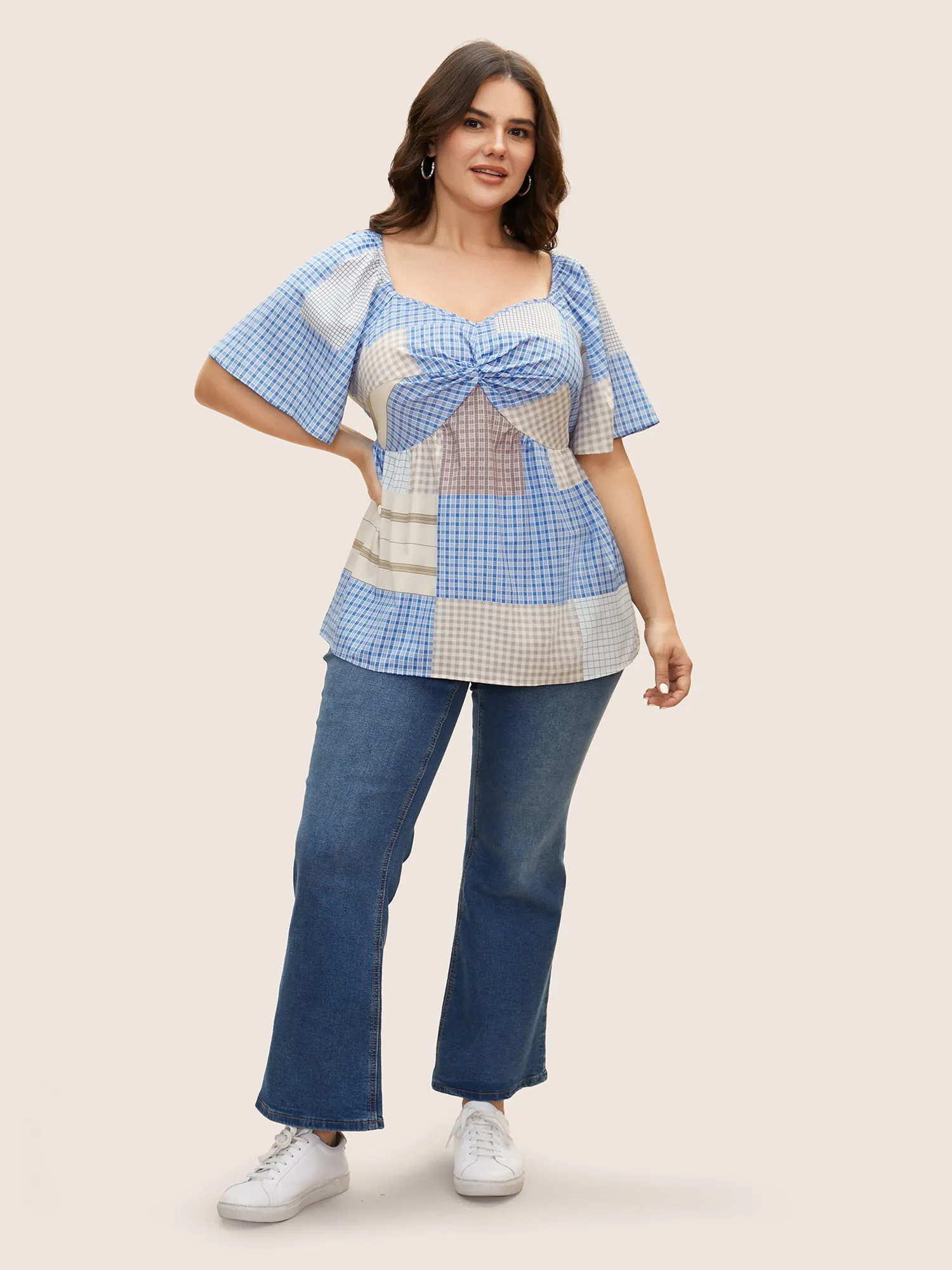 Heart Neckline Contrast Gingham Twist Front Blouse sold by Bloomchic product image thumbnail 2