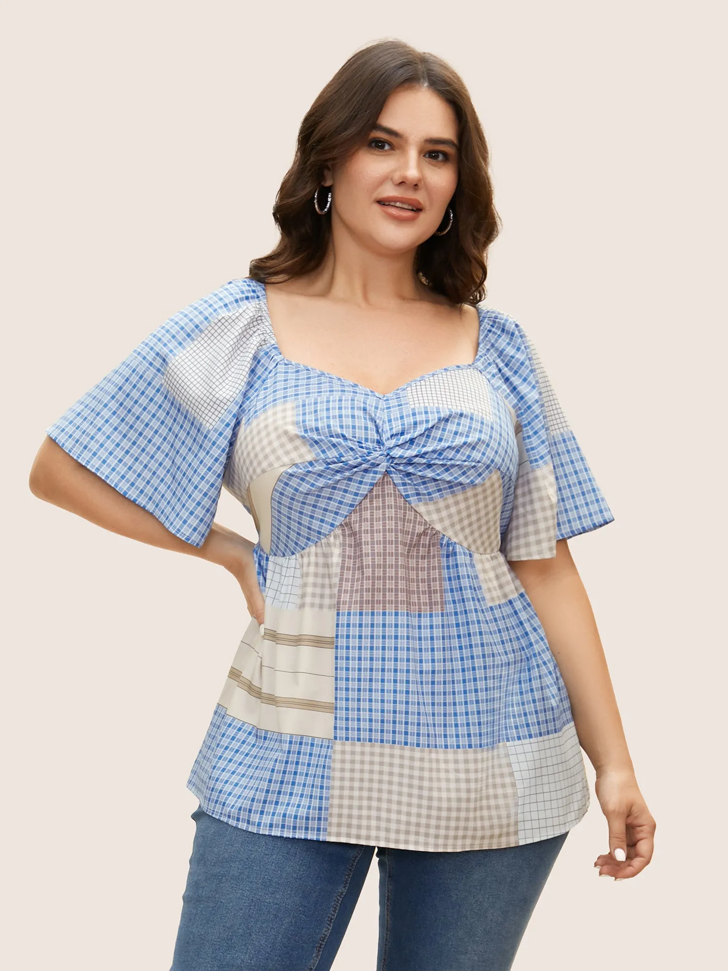 Heart Neckline Contrast Gingham Twist Front Blouse sold by Bloomchic