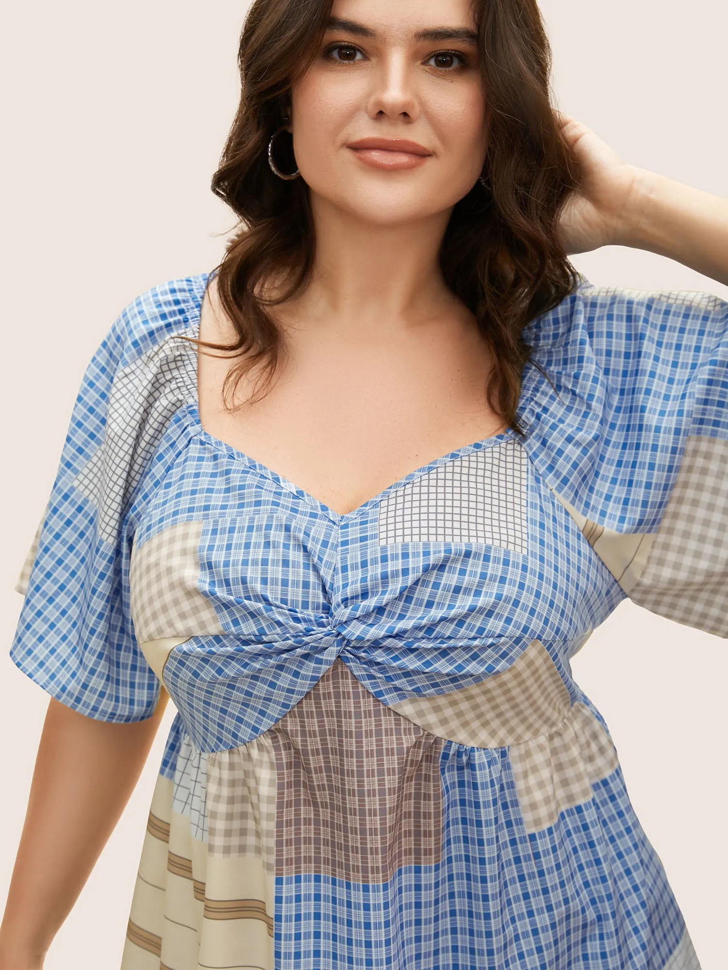 Heart Neckline Contrast Gingham Twist Front Blouse sold by Bloomchic product image thumbnail 5