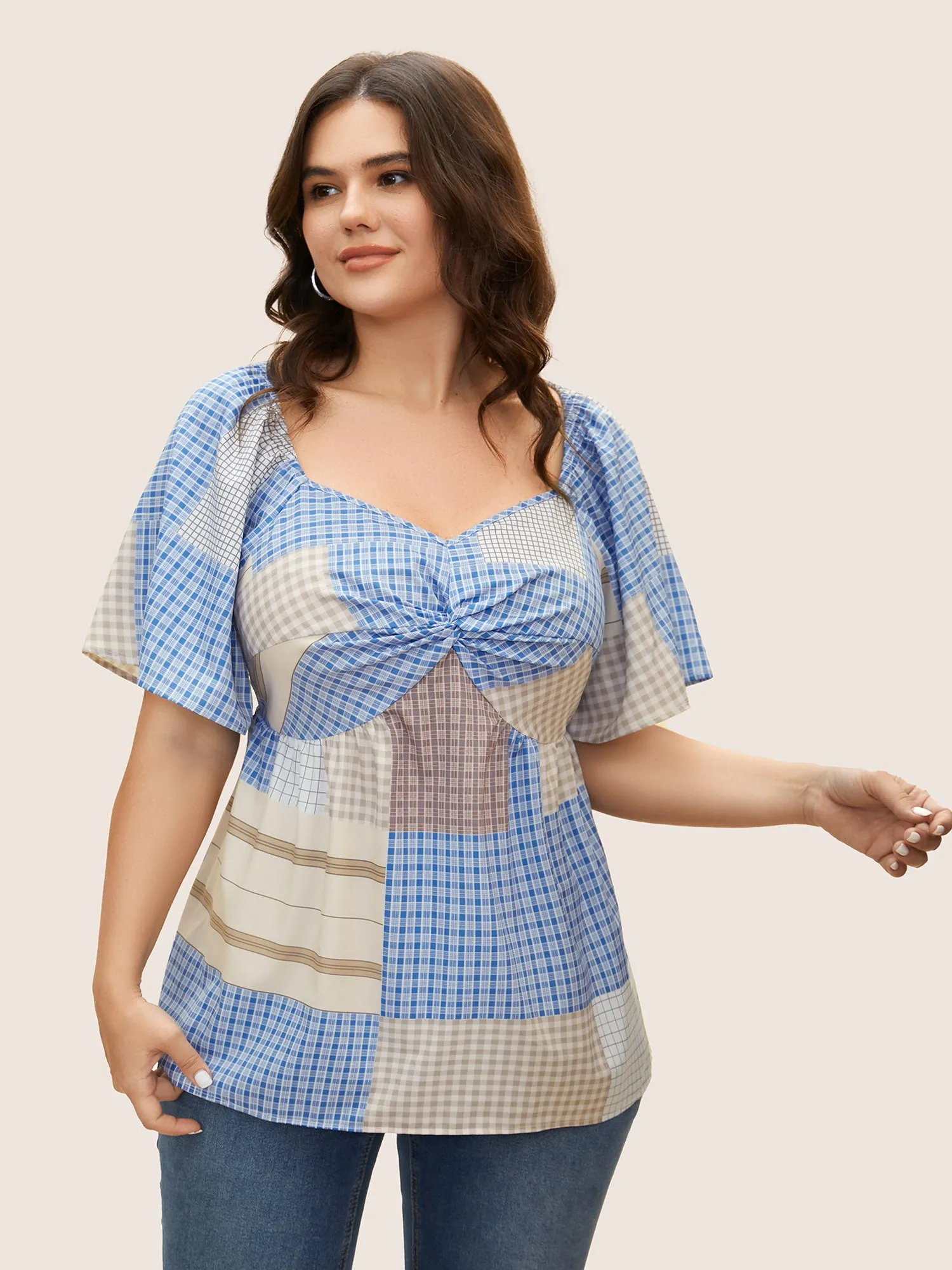 Heart Neckline Contrast Gingham Twist Front Blouse sold by Bloomchic product image thumbnail 3
