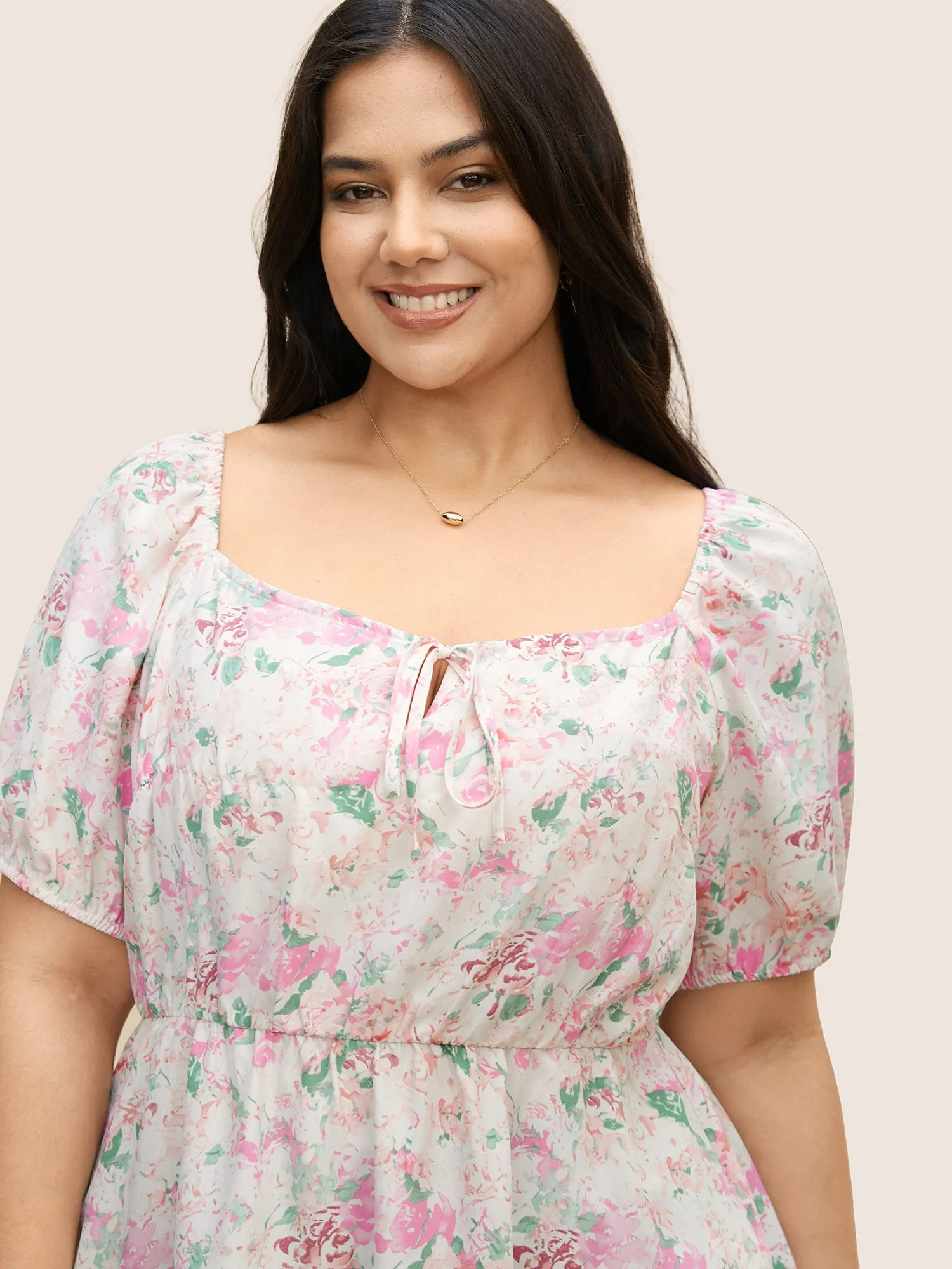 Square Neck Floral Puff Sleeve Tie Knot Blouse sold by Bloomchic product image thumbnail 3