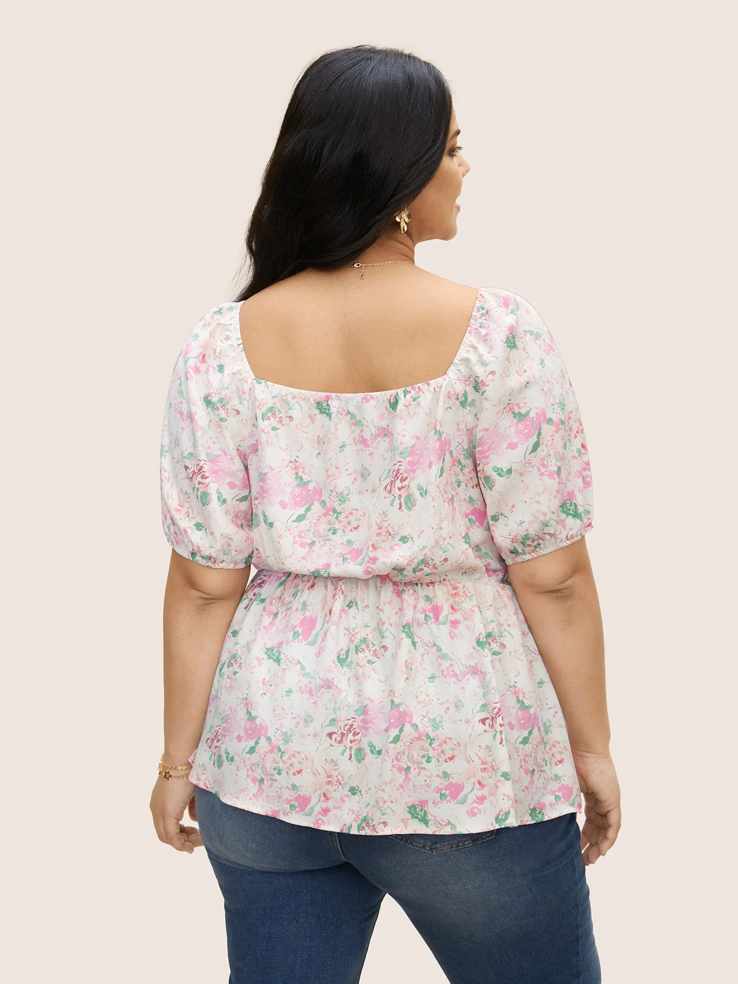 Square Neck Floral Puff Sleeve Tie Knot Blouse sold by Bloomchic product image thumbnail 4