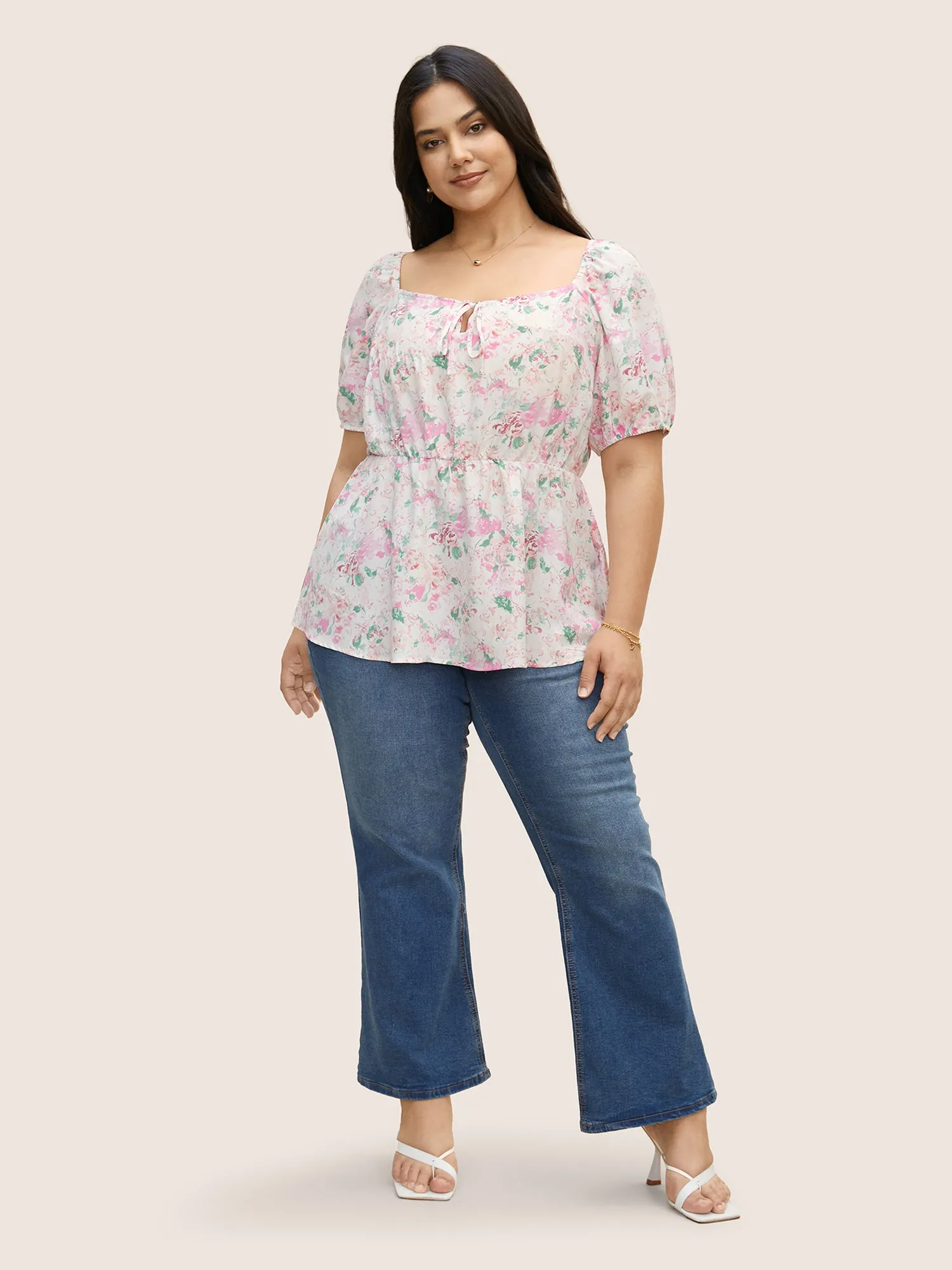 Square Neck Floral Puff Sleeve Tie Knot Blouse sold by Bloomchic product image thumbnail 2