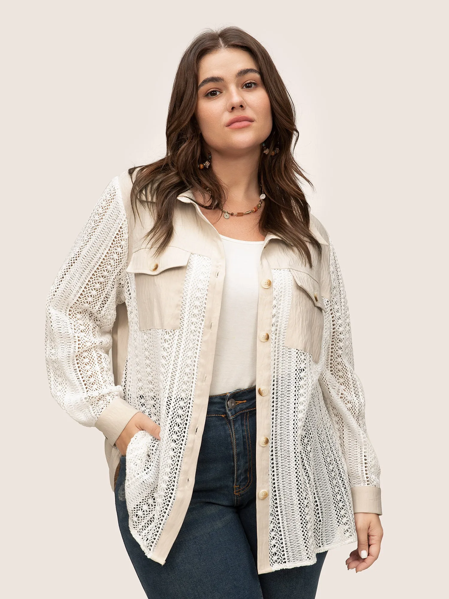 Two Tone Lace Panel Flap Pocket Blouse sold by Bloomchic