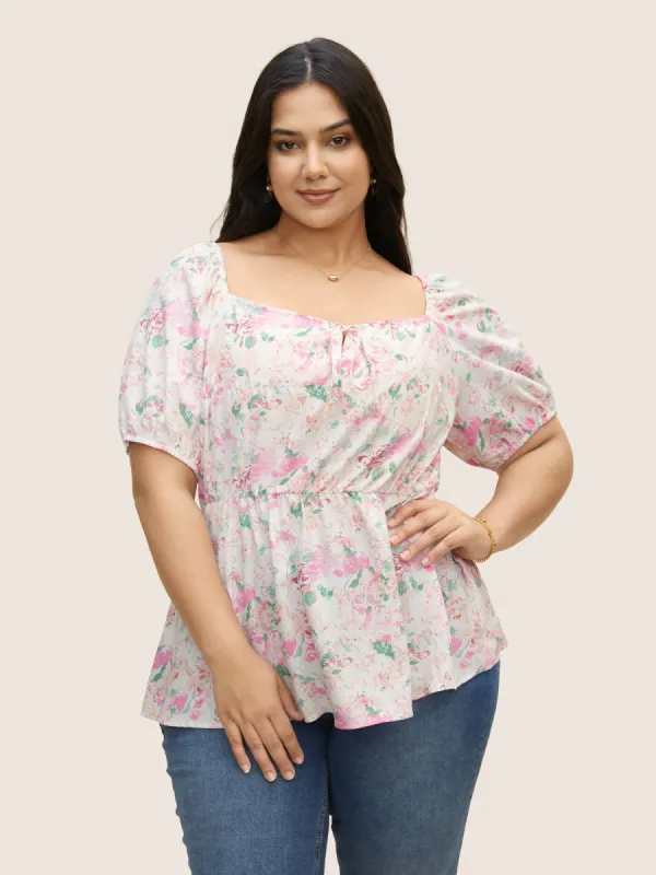 Square Neck Floral Puff Sleeve Tie Knot Blouse sold by Bloomchic