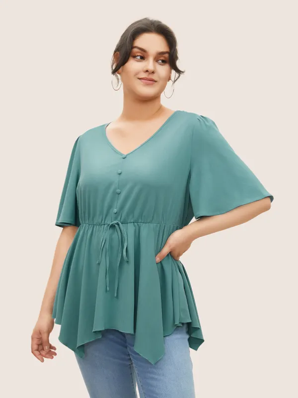 Plain Button Detail Cross Straps Gathered Blouse sold by Bloomchic