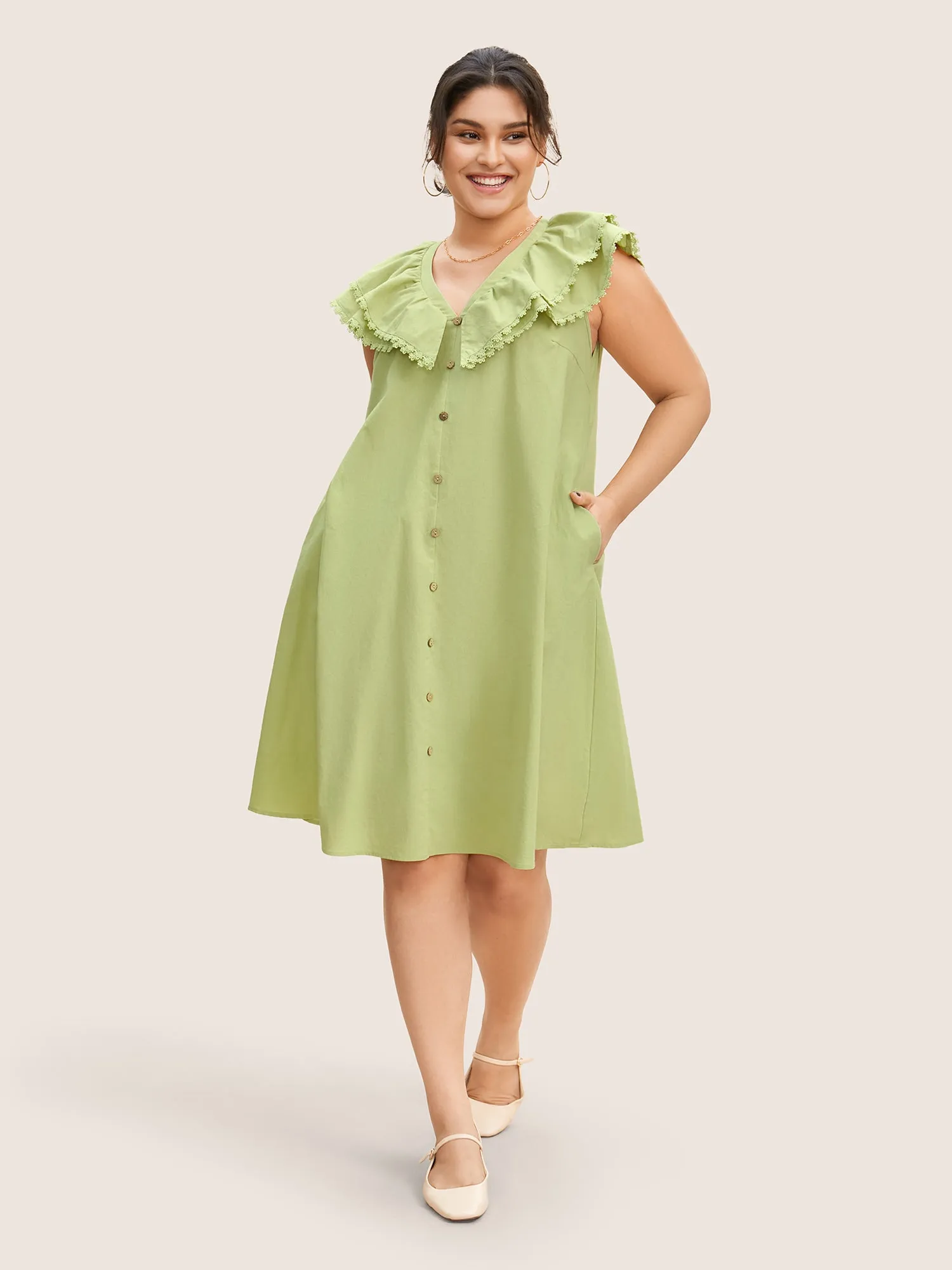 Lace Patchwork Button Detail Tiered Ruffles Dress sold by Bloomchic