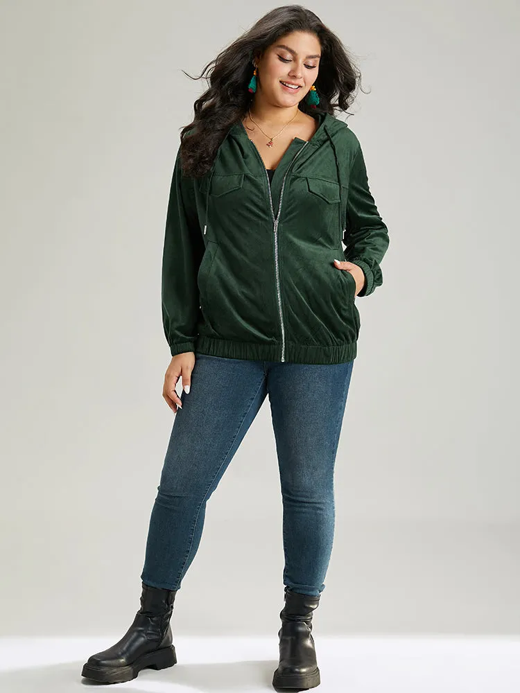 Velvet Zipper Pocket Drawstring Hooded Jacket sold by Bloomchic product image thumbnail 4