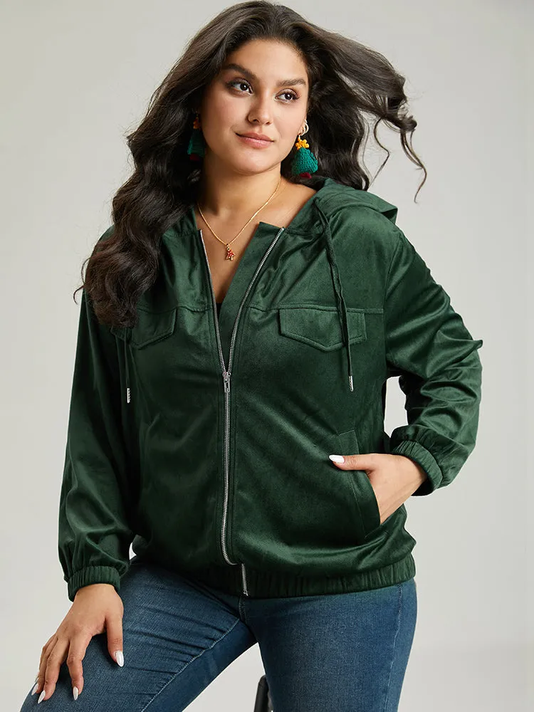 Velvet Zipper Pocket Drawstring Hooded Jacket sold by Bloomchic