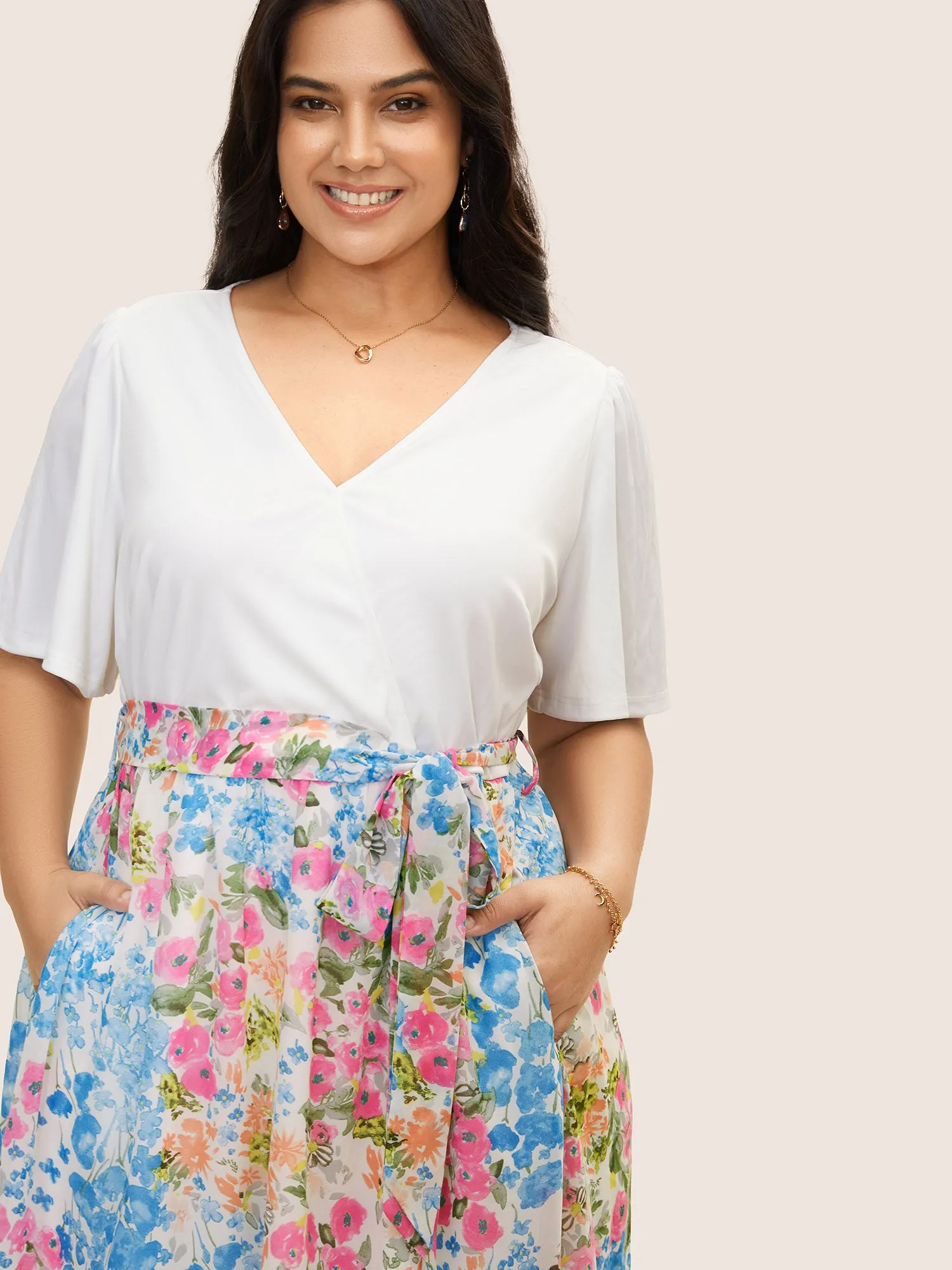 Overlap Collar Patchwork Floral Midi Dress sold by Bloomchic product image thumbnail 4