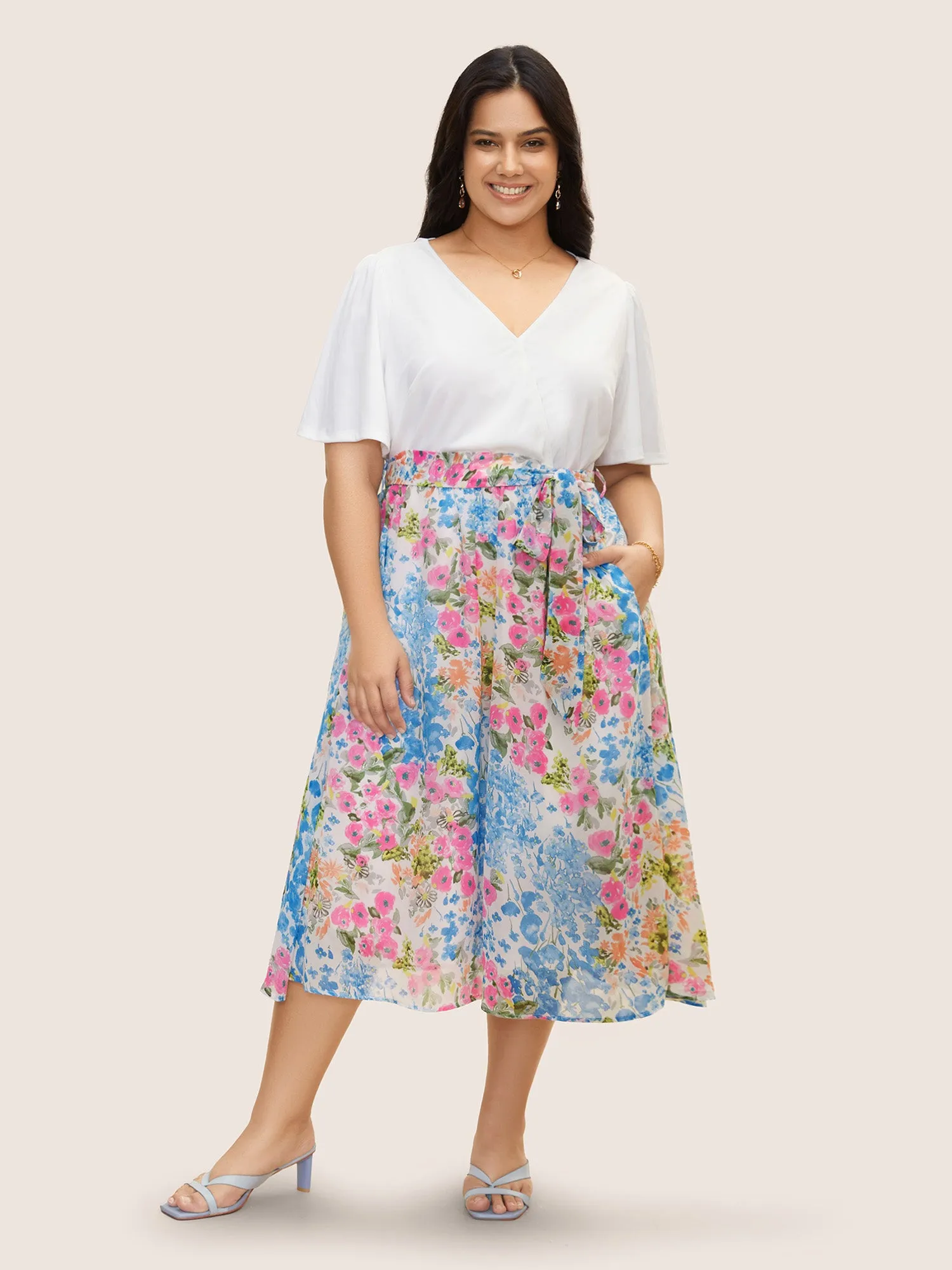 Overlap Collar Patchwork Floral Midi Dress sold by Bloomchic