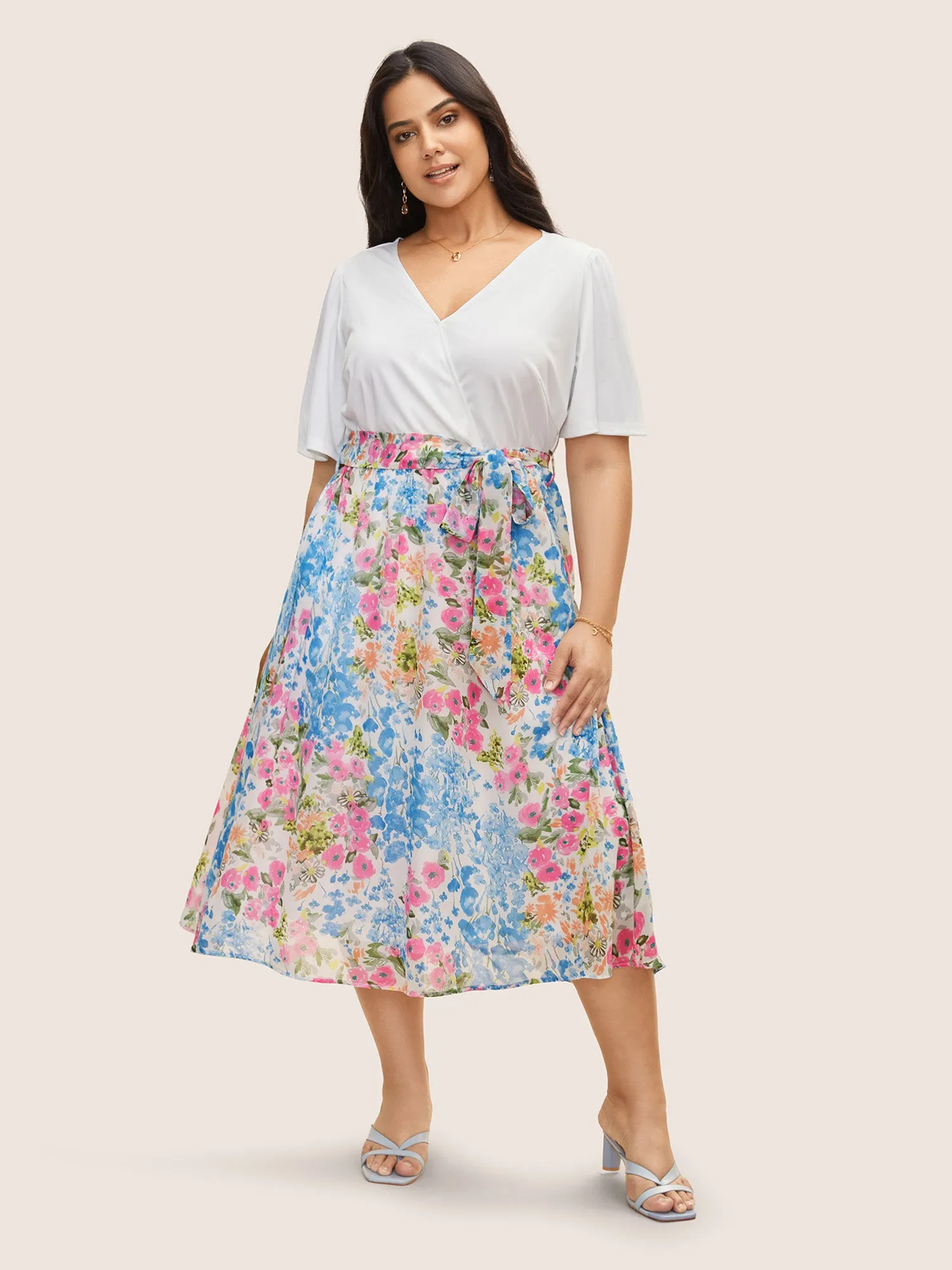 Overlap Collar Patchwork Floral Midi Dress sold by Bloomchic product image thumbnail 2