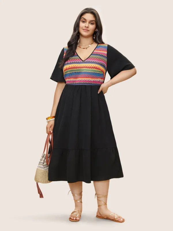 Color Geometric Embroidered Patchwork Dress sold by Bloomchic