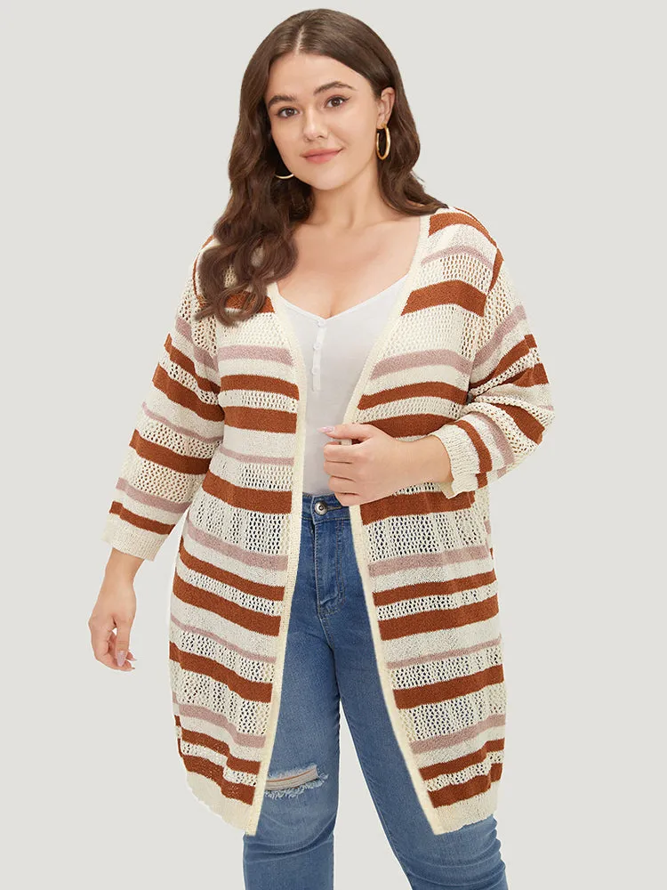 Striped Hollow Out Open Front Split Hem Cardigan sold by Bloomchic