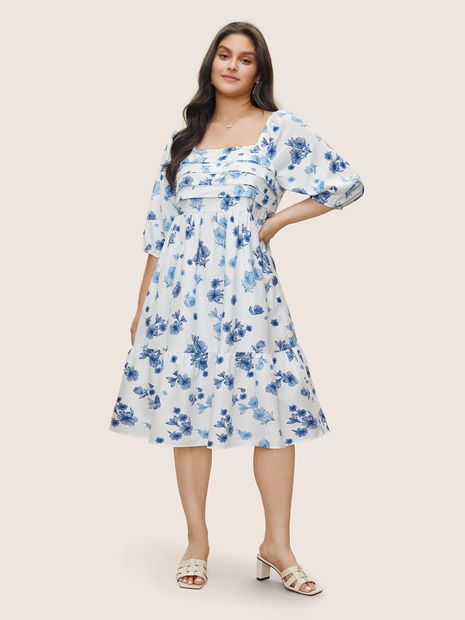 Square Neck Floral Print Pleated Lantern Sleeve Dress sold by Bloomchic