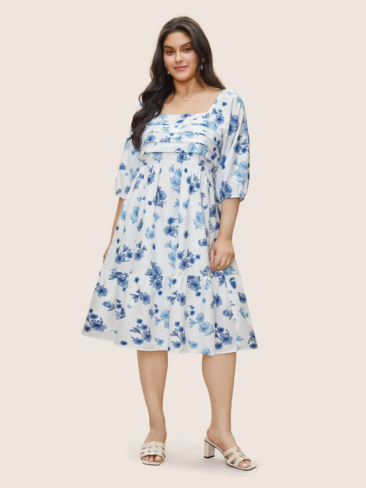 Square Neck Floral Print Pleated Lantern Sleeve Dress sold by Bloomchic product image thumbnail 2