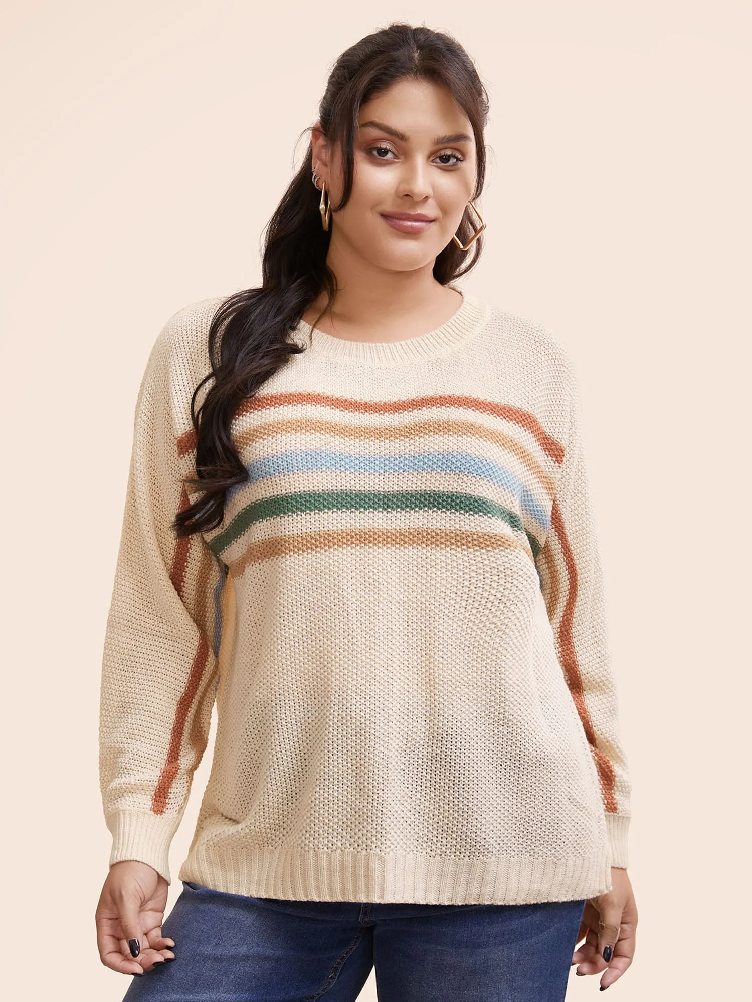 Crew Neck Contrast Striped Dolman Sleeve Pullover sold by Bloomchic