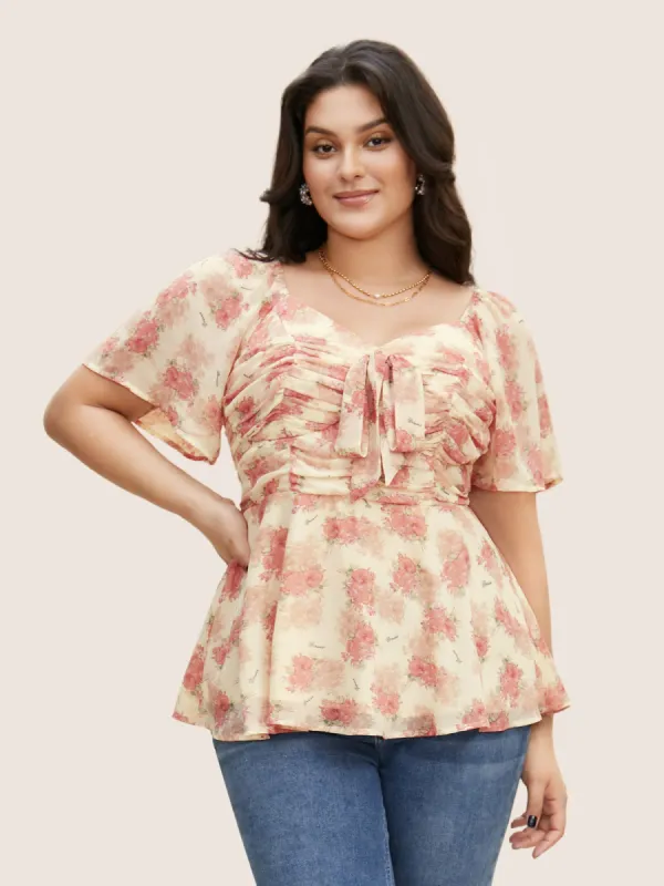 Heart Neckline Floral Tie Knot Ruched Blouse sold by Bloomchic