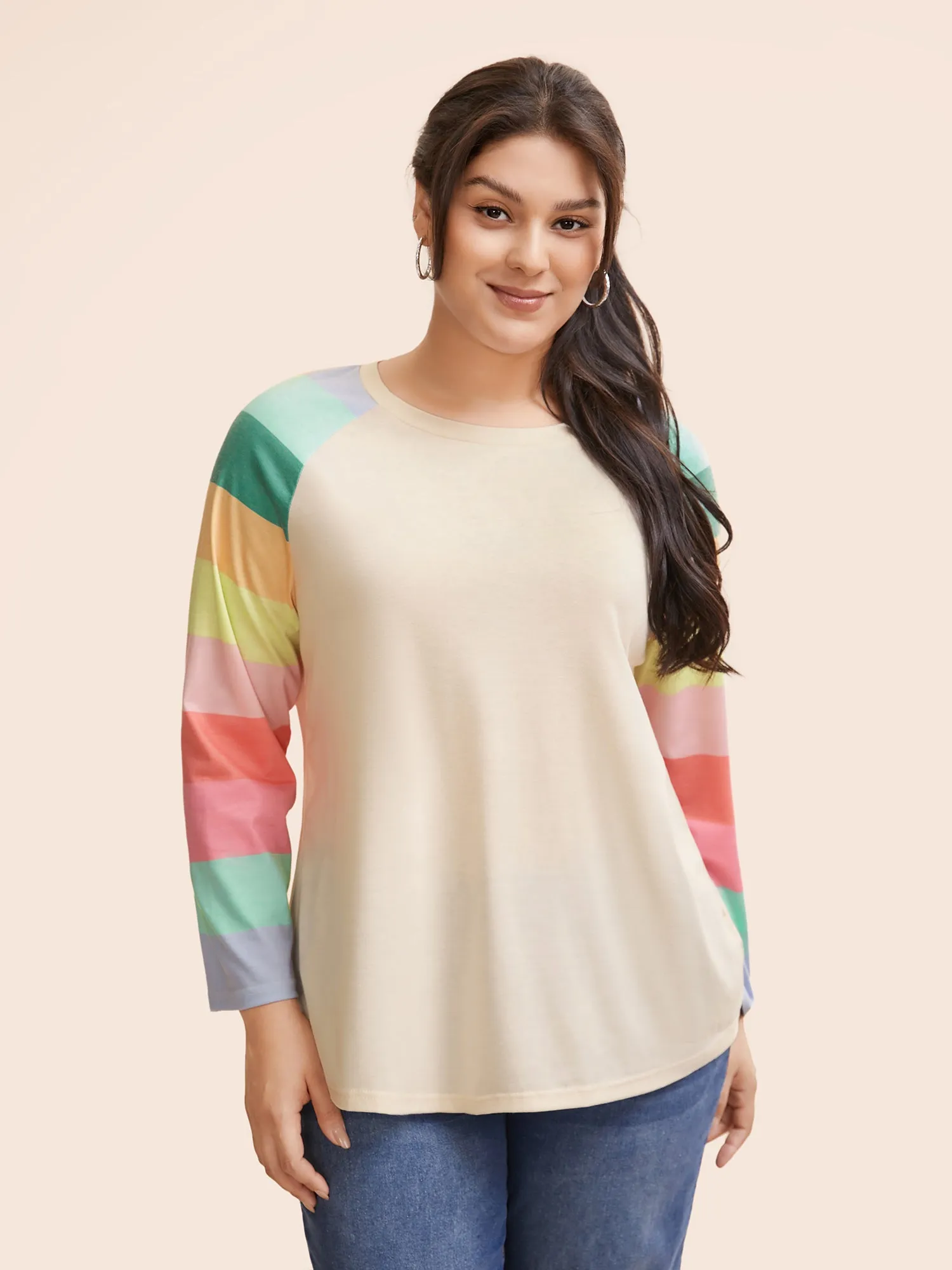 Multi-color Striped Sleeves Loose Fit T-shirt sold by Bloomchic