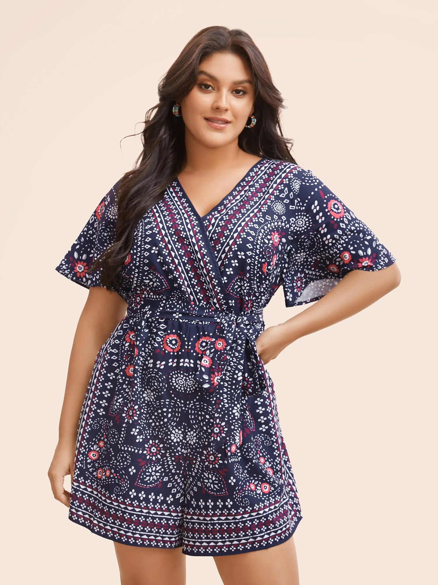 Bandana Print Belted Pocket Surplice Neck Romper sold by Bloomchic