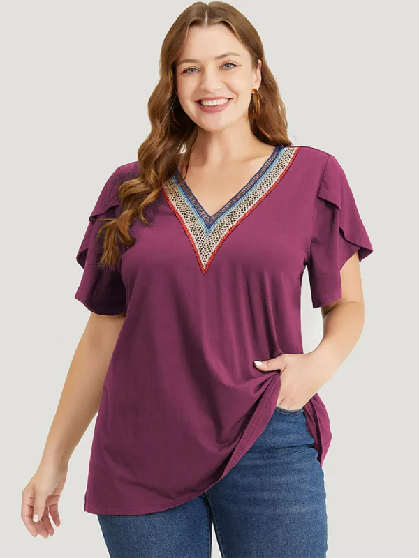 Plain Guipure Lace Petal Sleeve T-shirt sold by Bloomchic