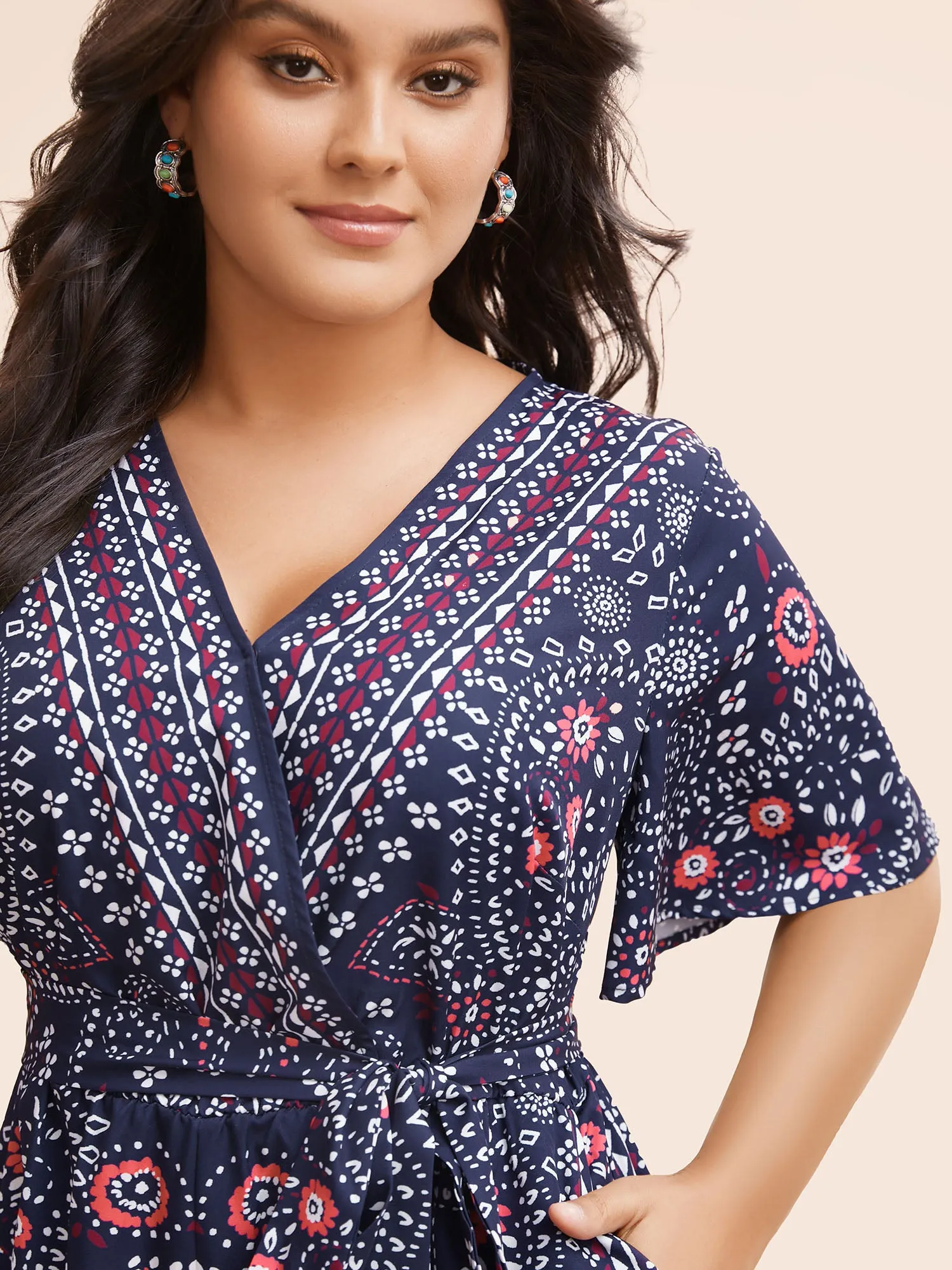 Bandana Print Belted Pocket Surplice Neck Romper sold by Bloomchic product image thumbnail 3
