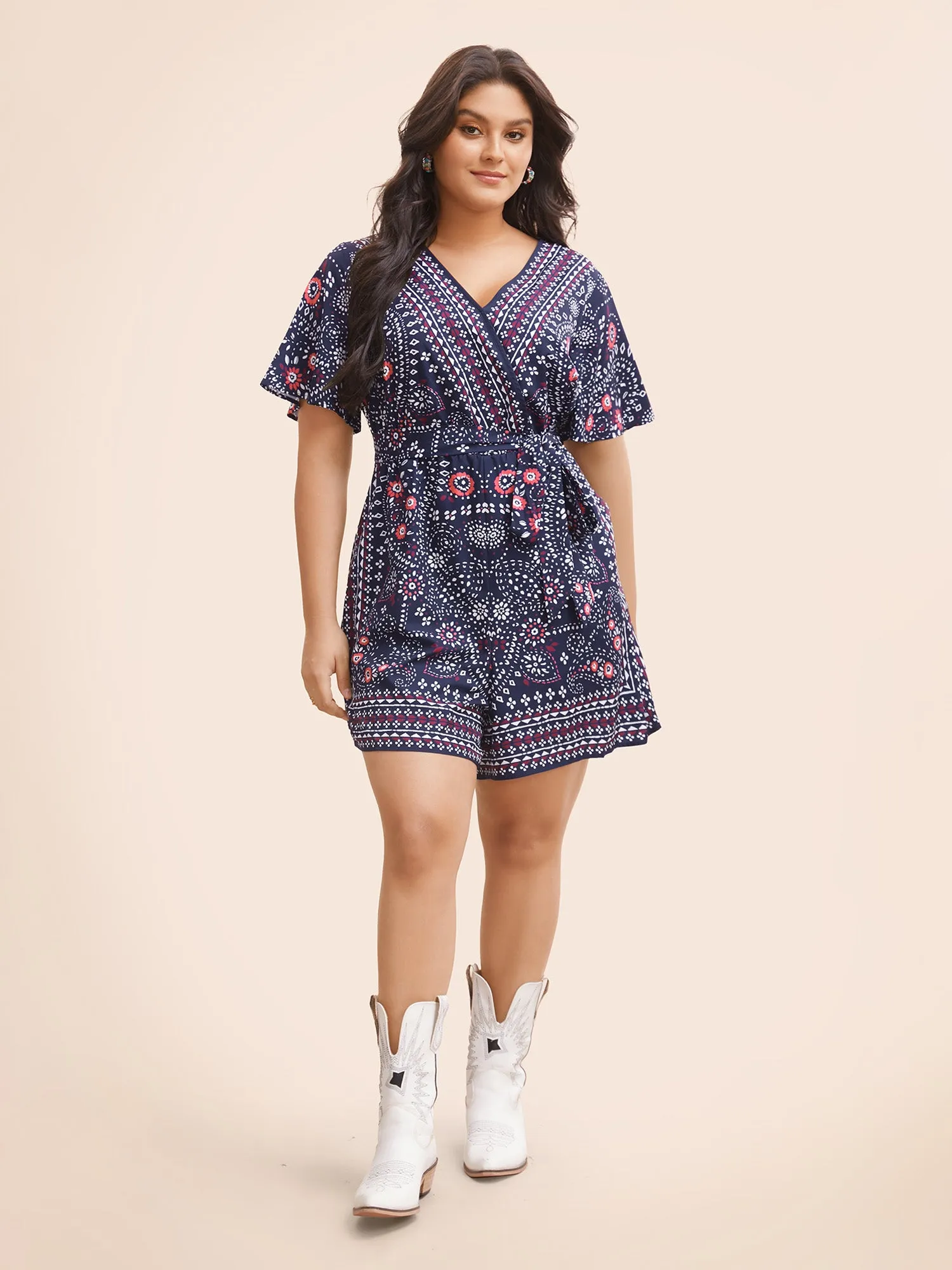 Bandana Print Belted Pocket Surplice Neck Romper sold by Bloomchic product image thumbnail 2
