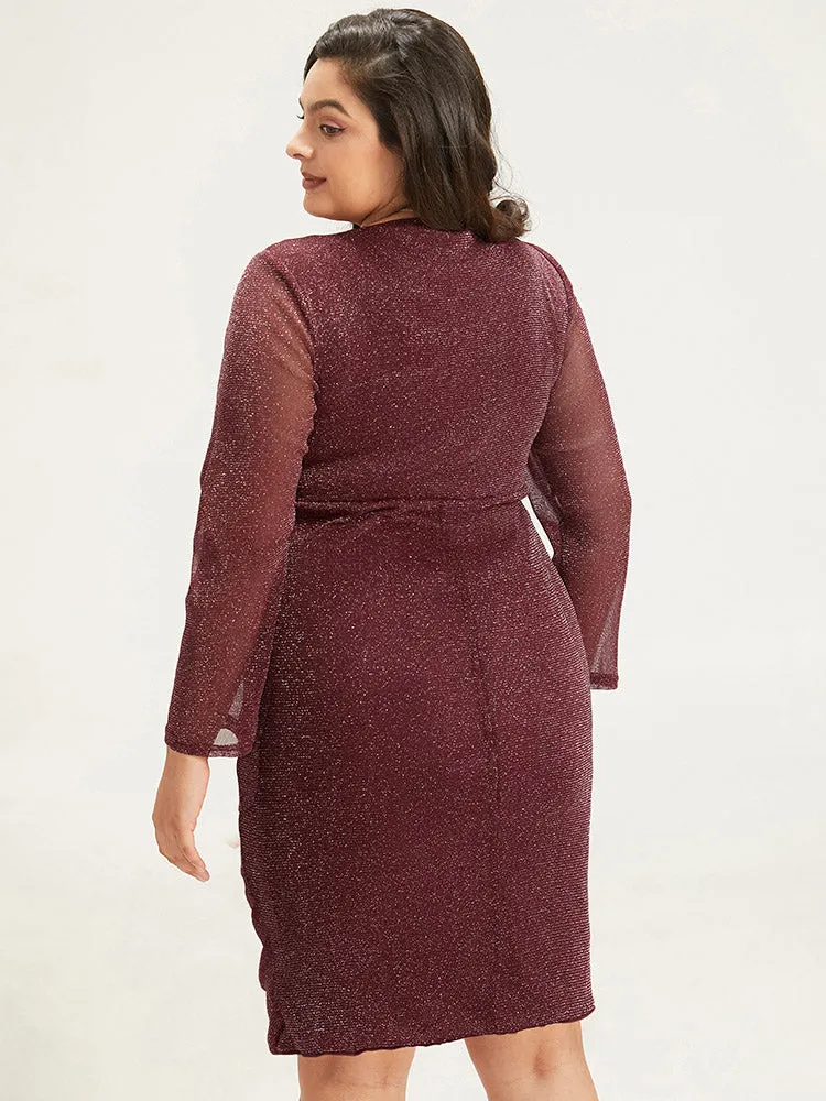 Lurex Glitter Crew Neck Mesh Patchwork Gathered Dress sold by Bloomchic product image thumbnail 5