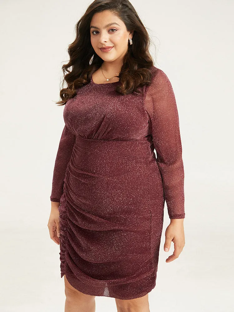 Lurex Glitter Crew Neck Mesh Patchwork Gathered Dress sold by Bloomchic product image thumbnail 3