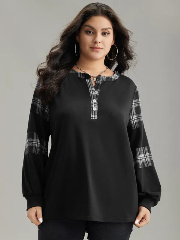 Plaid Patchwork Button Up Rib Knit Sweatshirt sold by Bloomchic