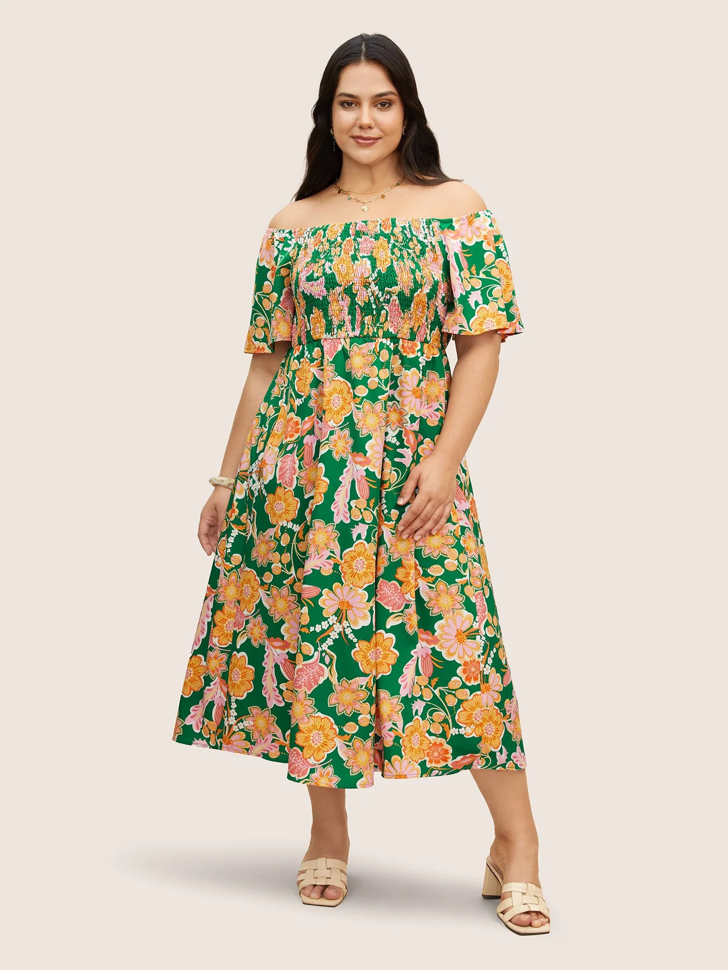 Floral Shirred Off Shoulder Flutter Sleeve Dress sold by Bloomchic product image thumbnail 3