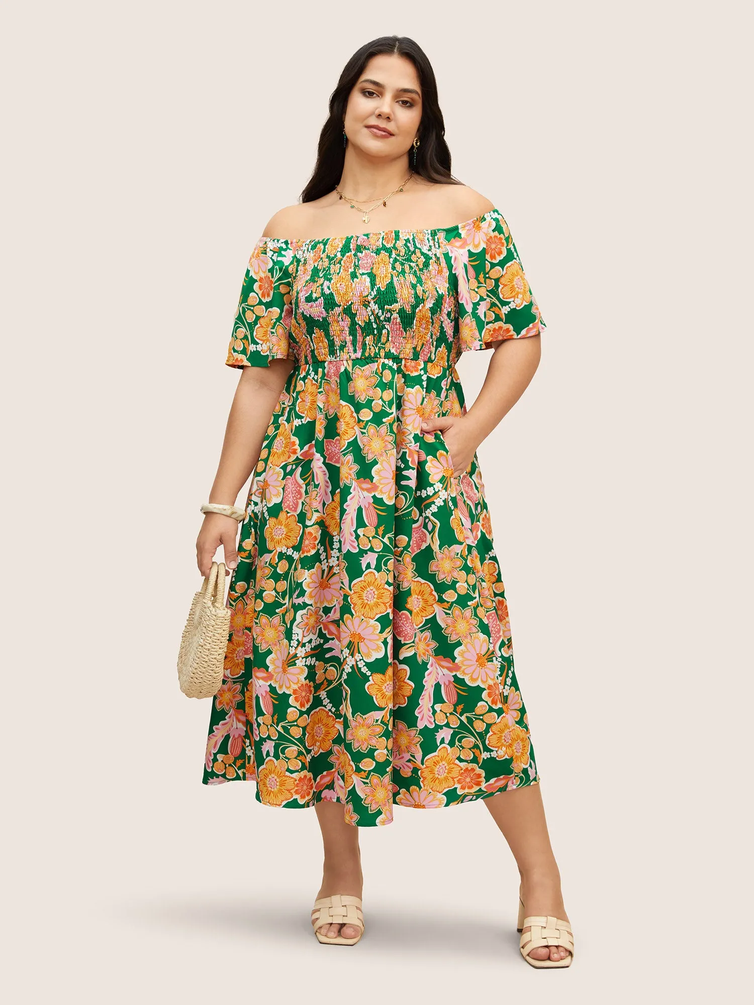 Floral Shirred Off Shoulder Flutter Sleeve Dress sold by Bloomchic
