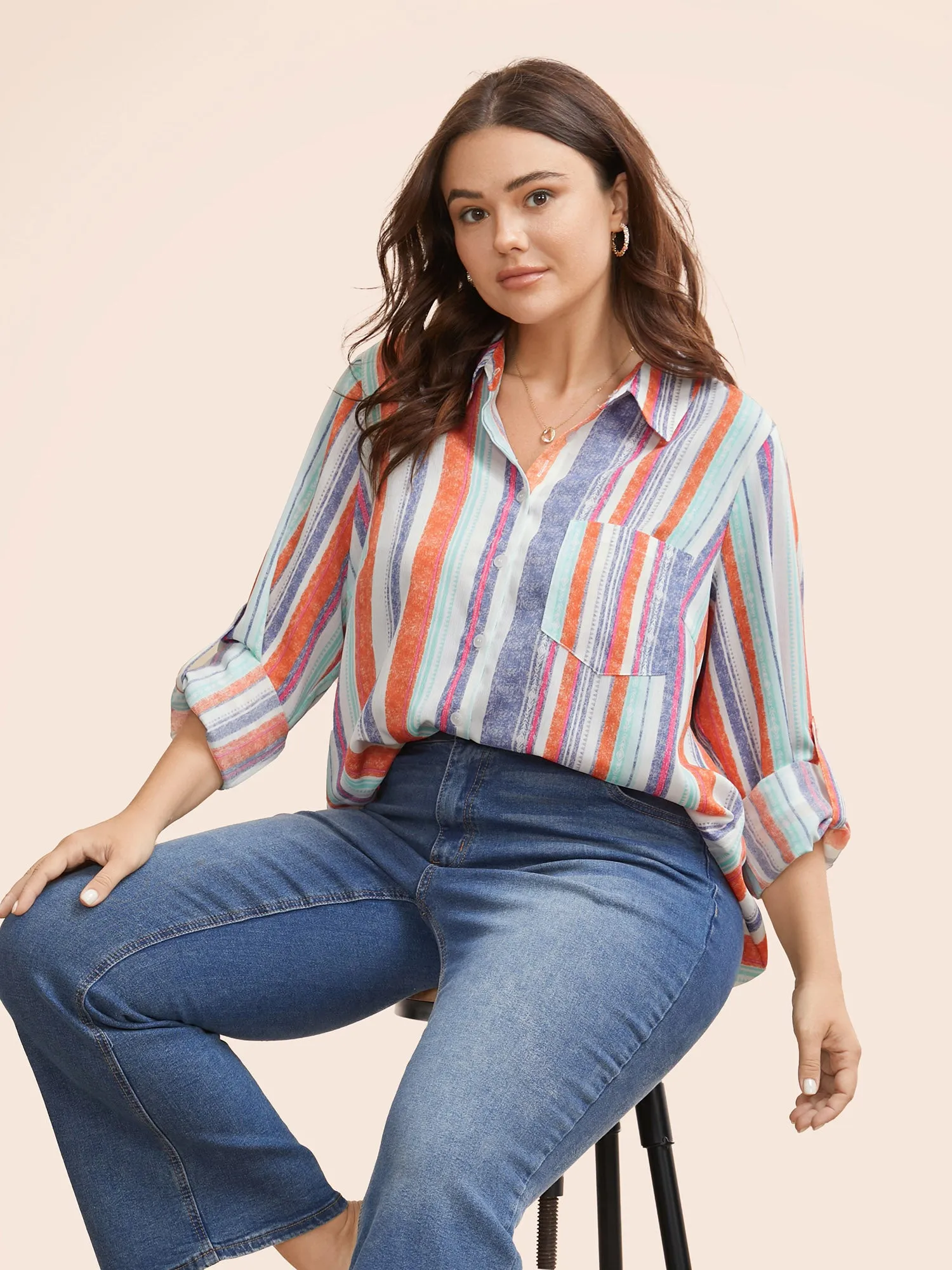 Contrast Striped Patched Pocket Tab Sleeve Blouse sold by Bloomchic